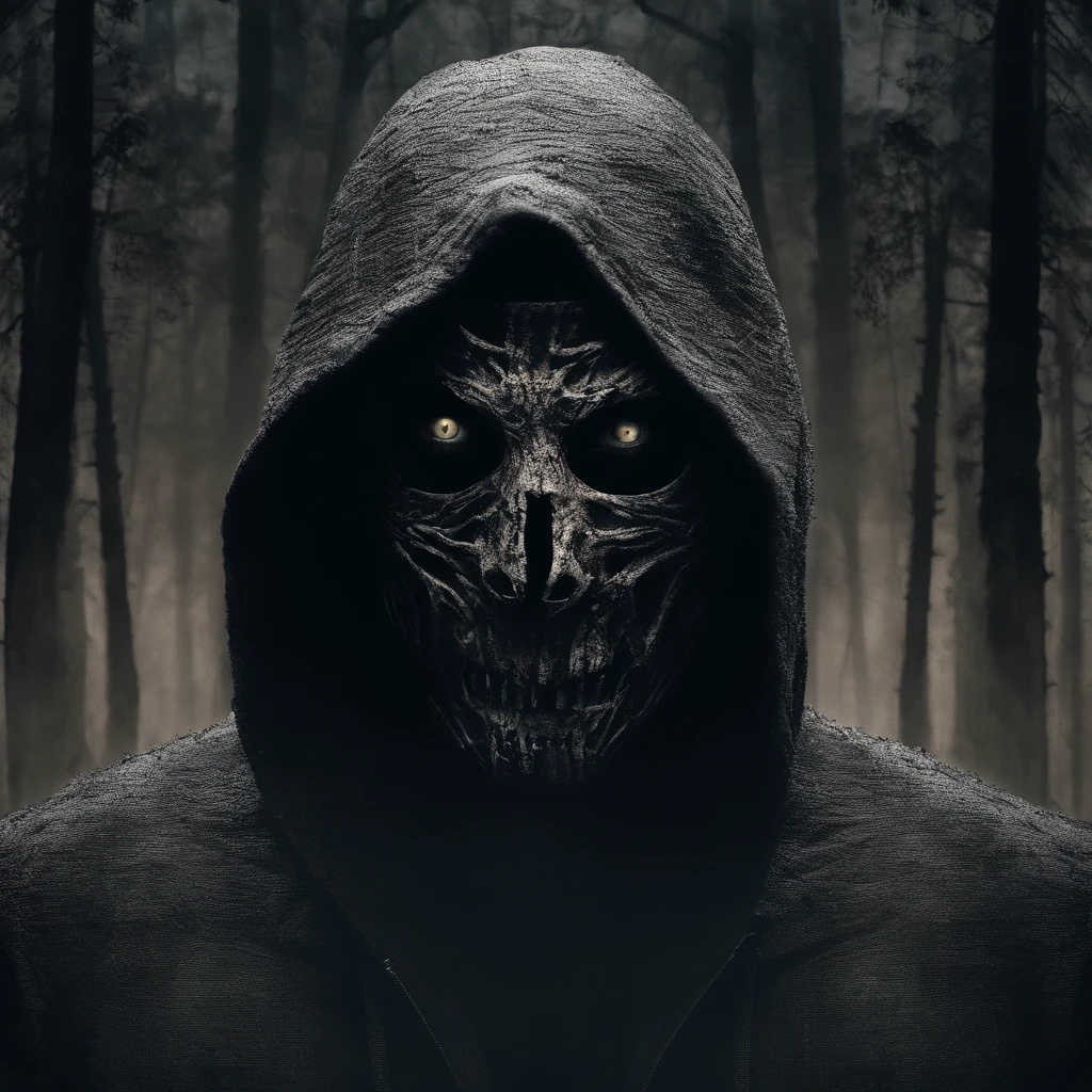 make me a cinematic cover art for a hit single featuring a close up shot of a mummy wearing a black hoodie over bandages covering his entire face and shadowy scary eyes with a cinematic foggy pine forest background