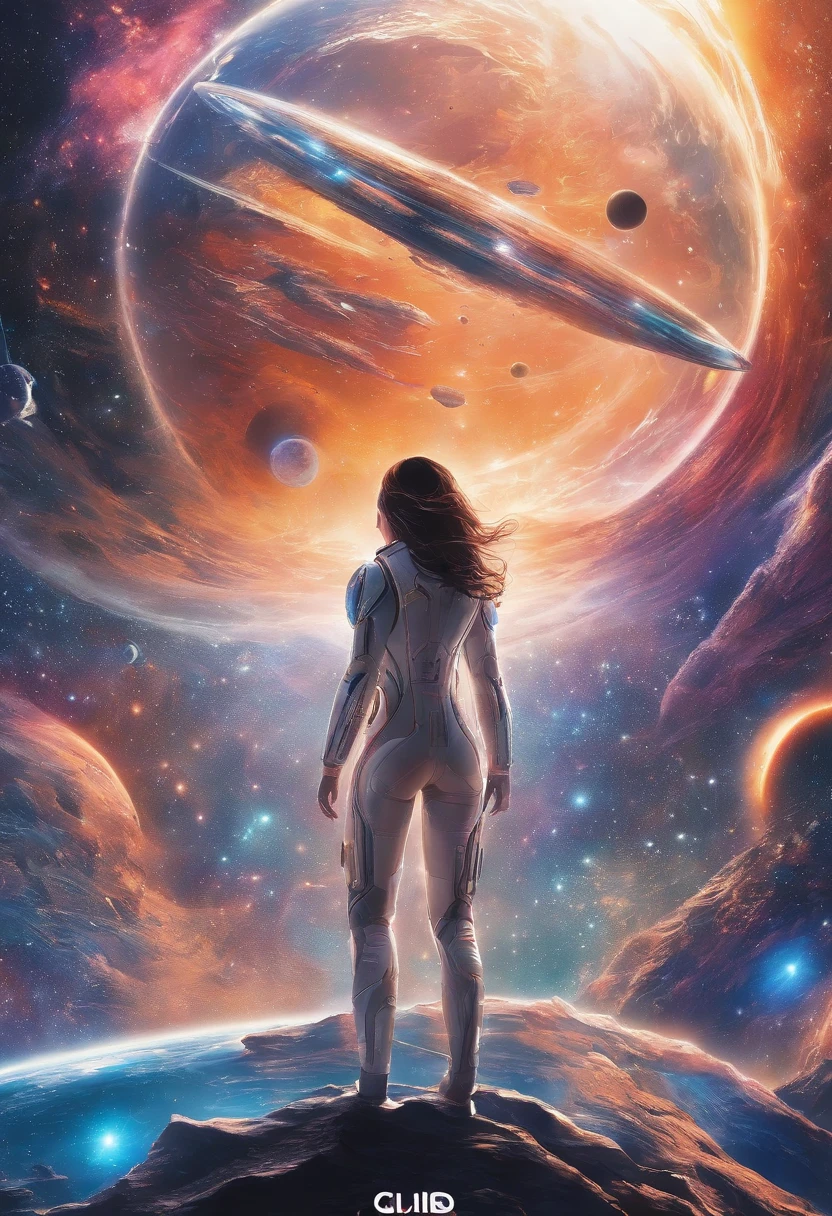 Skinny naked tall. Floating in the vastness of space in the galaxy. full-length naked. Silver hair