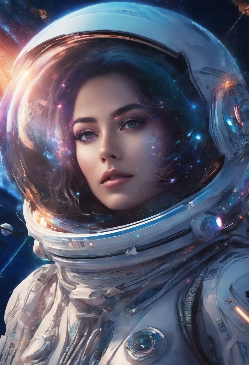 (best quality,4k,8k,highres,masterpiece:1.2),ultra-detailed,(realistic,photorealistic,photo-realistic:1.37),portrait,space,beautiful detailed eyes,beautiful detailed lips,extremely detailed eyes and face,longeyelashes,flowing bright hair,sparkling, mesmerizing,remote, cosmic backdrop,galaxy filled with stars, vibrant colors,dark cosmic background,shimmering celestial objects,spacecraft in the distance,futuristic spacesuit,girl gracefully floating,intense gaze,ethereal beauty,orbiting around a planet,an astronaut's perspective,floating effortlessly in zero gravity,captivating and mysterious,interstellar exploration,deep space,wandering among the stars,a sense of awe and wonder,limitless expanse of the universe,cosmic enchantment,illumination from distant stars,faraway galaxies,evoking a sense of adventure and discovery