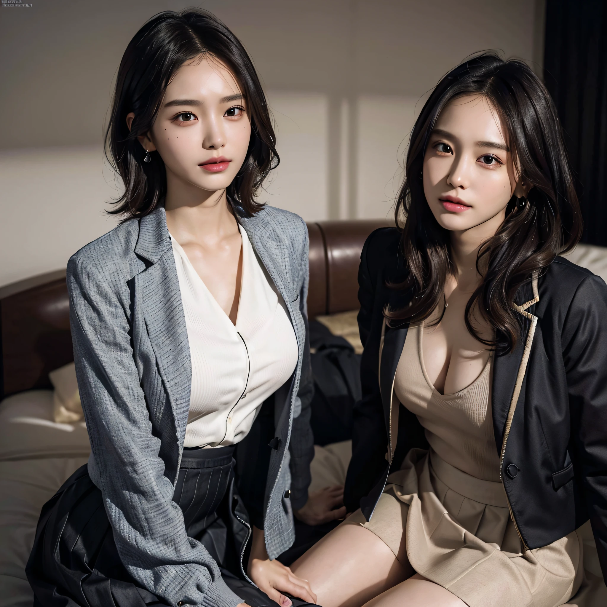 absurdres, RAW photo, extremely delicate and beautiful, masterpiece, Best Quality, ultra high resolution, 16k, hyperrealistic, ultra-detailed, Very detailed CG 8k wallpaper, Beautiful Lighting, Perfect Lightning, Realistic Shadows, perfect anatomy, super Detailed skin, perfect figure, Japanese woman, late 20s, very Slim body, narrow waist, very small head, handsome detailed woman, very detailed eyes and face, realistic face proportions, Stunning detailed eyes, Realistic beautiful face, very small face, Realistic small beautiful eyes, double eyelids, makeup, tearful mole, mole on chest, earring, bare legs, beautiful and very thin legs, beautiful and very thin thighs, (((yuri))), (((2 girls))), (((very huge round breasts))), (full body shot), short hair, wavy hair, (((skirt suit))), (((jacket))),