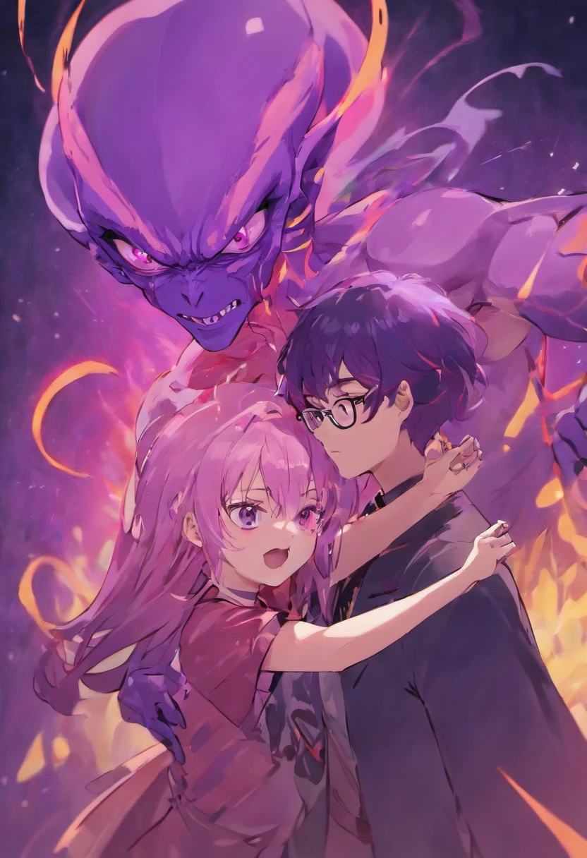 a purple alien slapping a bald man with glasses