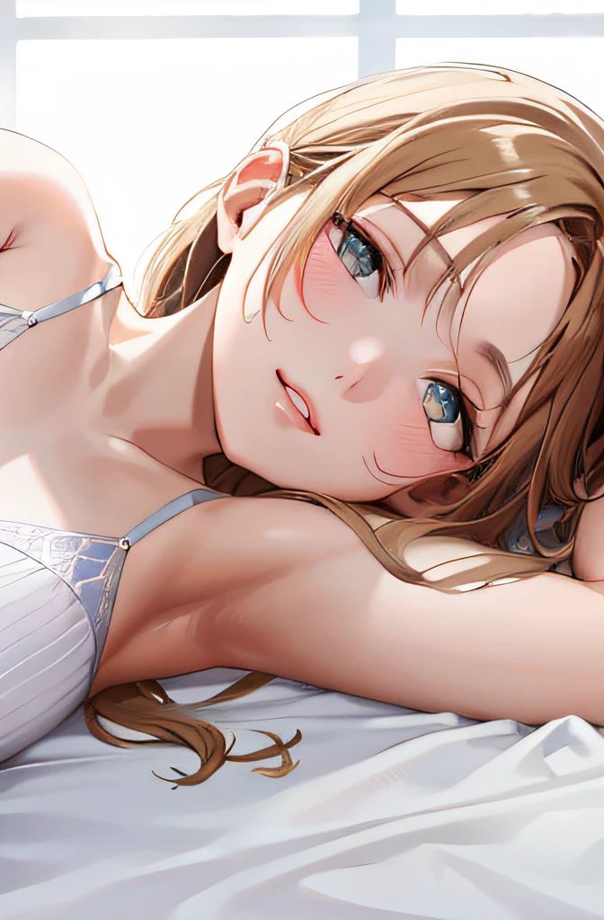 (best quality,8k,ultra high res,absurdres:1.2),detailed face,detailed eyes,beautiful detailed lips,longeyelashes,relaxed expression,1girl,yuuki asuna,lying down,on_back,in bed,mature,young,adult,wearing white dress,soft lighting,feminine,peaceful atmosphere,serene backdrop,detailed background,decorative pillows,white sheets,airy bedroom,open window,curtains,bright sunlight,pastel color scheme,tranquil mood