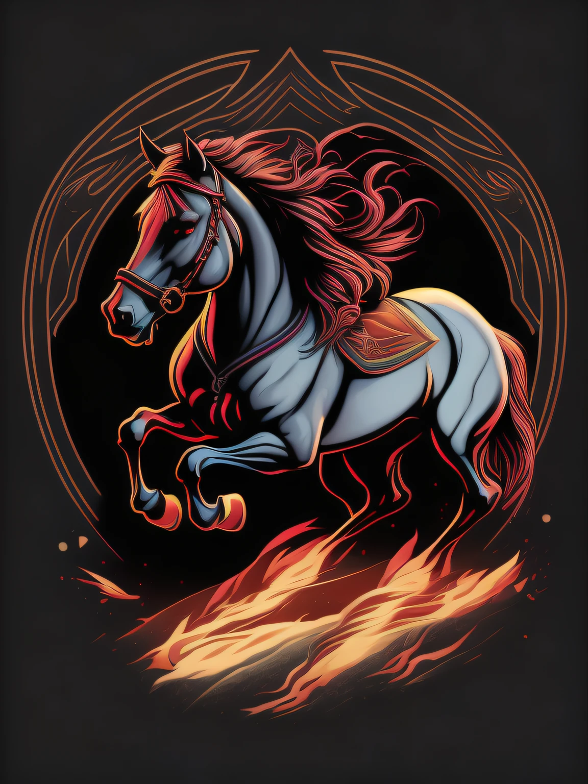 Enchanted Runes: prancing pony logo design Magic, Symbols, Fantasy, medieval vector image, T-shirt design, isolated, black background, brown red illustration and grey only
