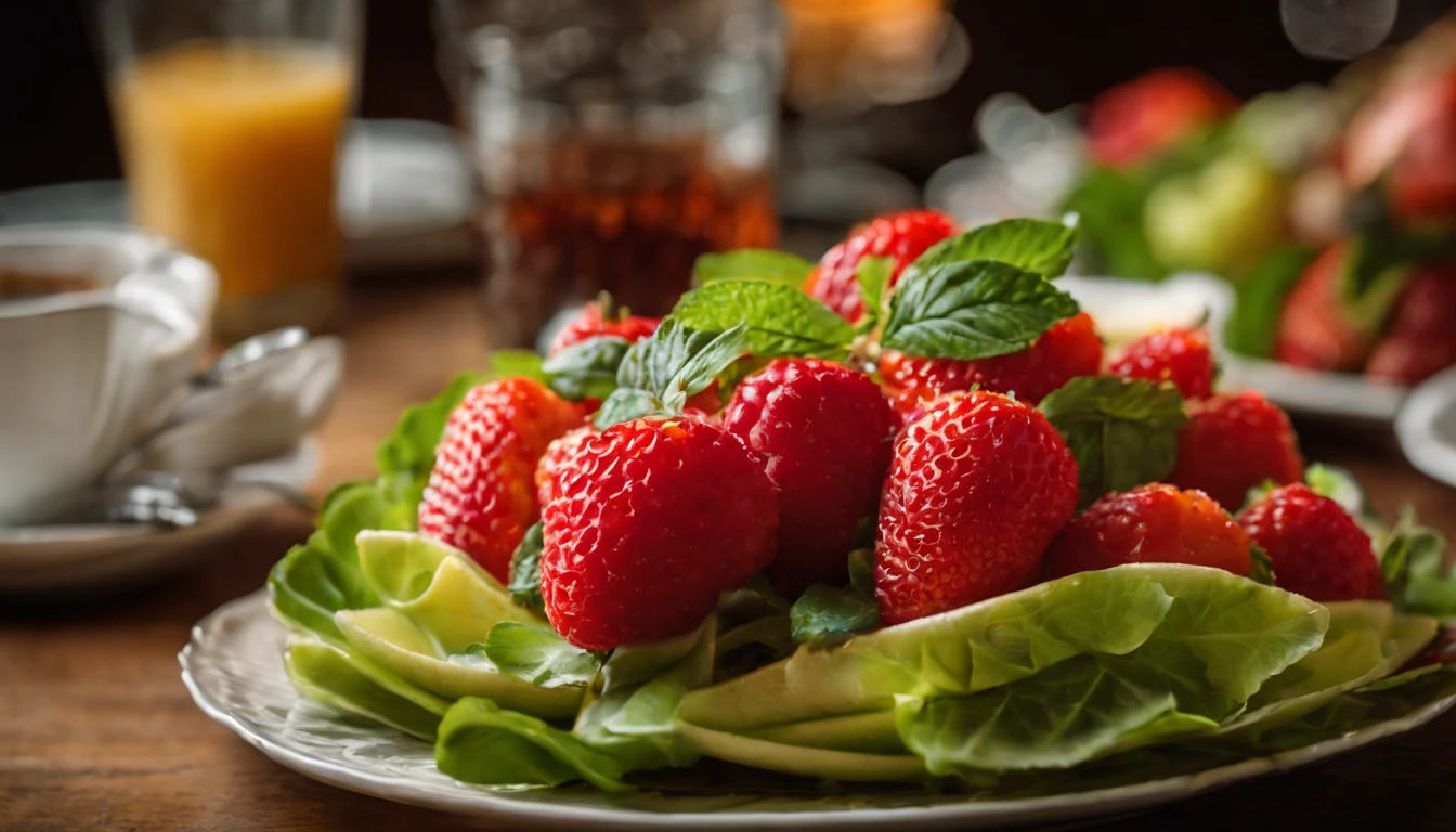 salada de frutas na mesa de um restaurante muito elegante vintage jazz ao fundo luz neon