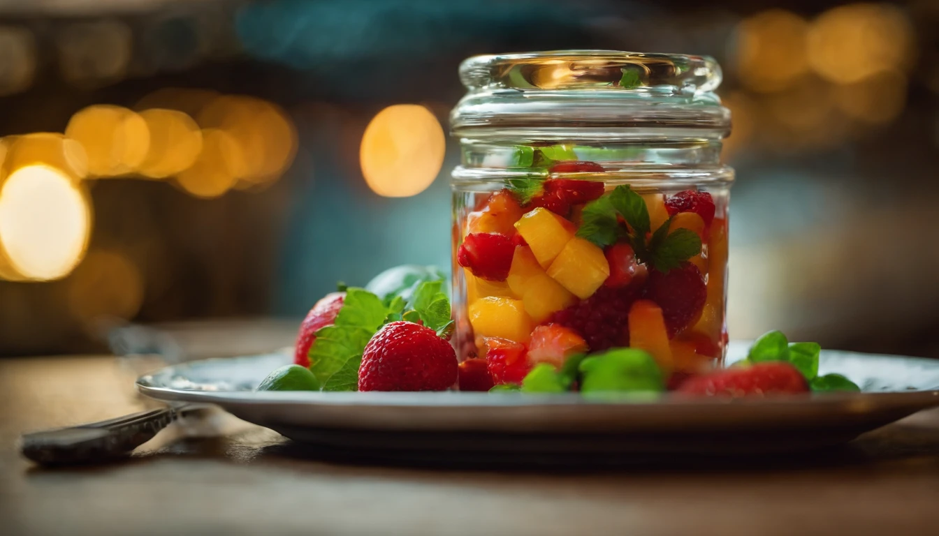 salada de frutas na mesa de um restaurante muito elegante vintage jazz ao fundo luz neon