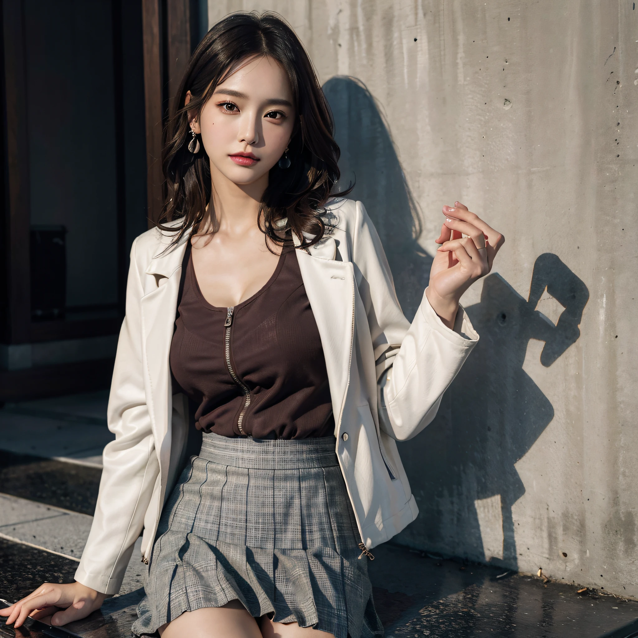 absurdres, RAW photo, extremely delicate and beautiful, masterpiece, Best Quality, ultra high resolution, 16k, hyperrealistic, ultra-detailed, Very detailed CG 8k wallpaper, Beautiful Lighting, Perfect Lightning, Realistic Shadows, perfect anatomy, super Detailed skin, perfect figure, Japanese woman, late 20s, very Slim body, narrow waist, very small head, handsome detailed woman, very detailed eyes and face, realistic face proportions, Stunning detailed eyes, Realistic beautiful face, very small face, Realistic small beautiful eyes, double eyelids, makeup, tearful mole, mole on chest, earring, bare legs, beautiful and very thin legs, beautiful and very thin thighs, (((yuri))), (((2 girls))), (((very huge round breasts))), (full body shot), short hair, wavy hair, (((skirt suit))), (((jacket))),