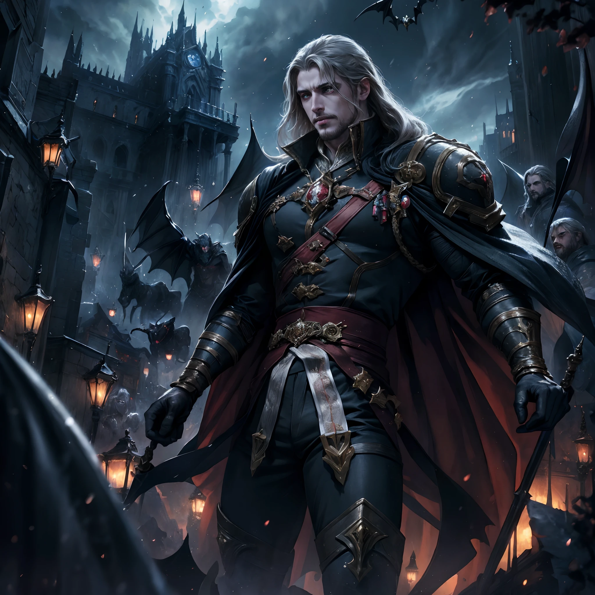 Castlevania Lord of the shadows hyper realistic super detailed Dynamic shot master piece scene cinématique scènes movie Epic Legendary Lord Dracula leading troops army of demons to battle sharp détails cinématique