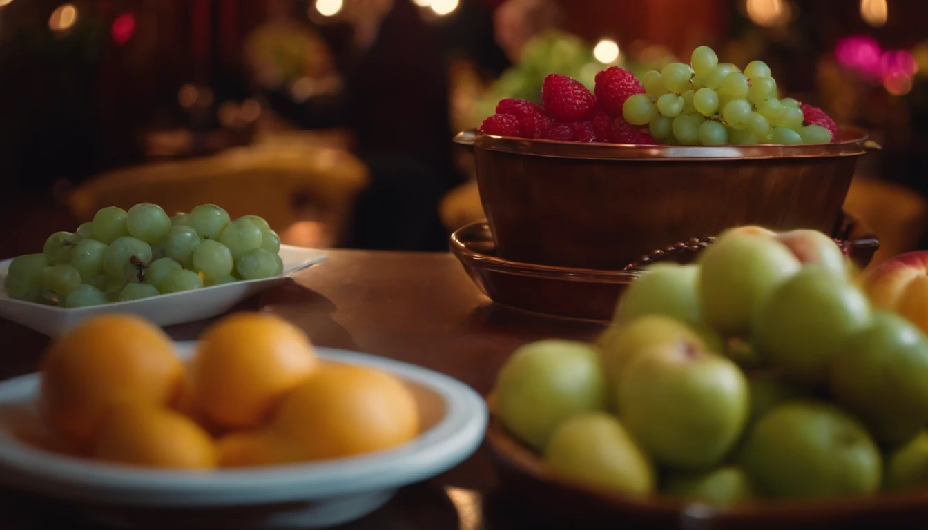 salada de frutas na mesa de um restaurante muito elegante vintage jazz ao fundo luz neon