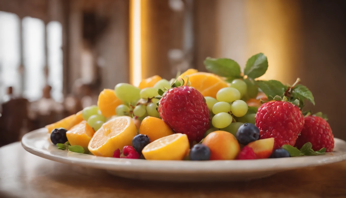 salada de frutas na mesa de um restaurante muito elegante vintage jazz ao fundo luz neon