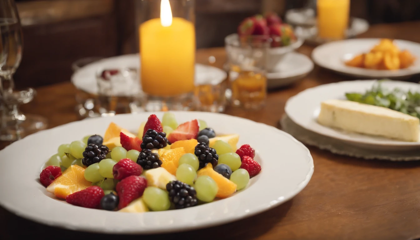 salada de frutas na mesa de um restaurante muito elegante vintage jazz ao fundo luz neon