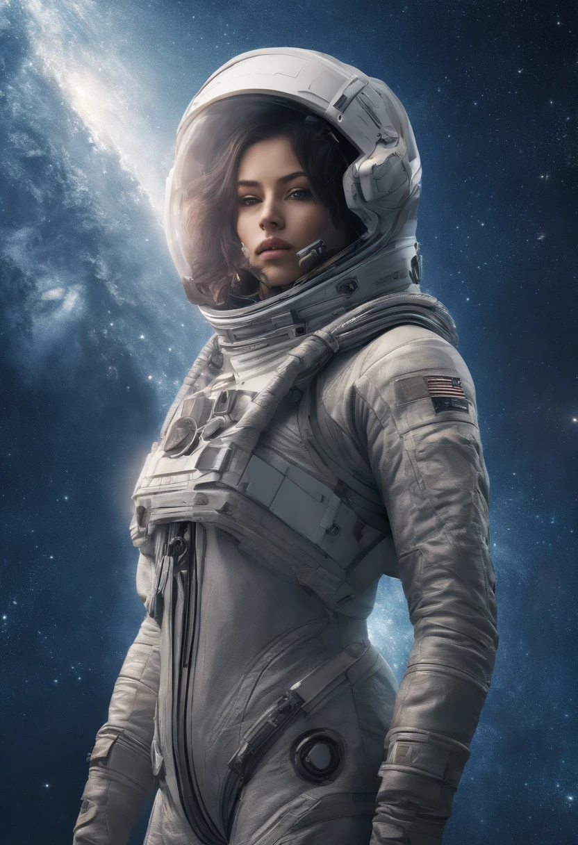 the perfect human model astronaut woman posing at the space station, accurate details, detailed face, fantasy, dramatic, intricate, elegant, highly detailed, digital painting, artstation, concept art, smooth, sharp focus, illustration, art by gustave dore, octane render, 4k