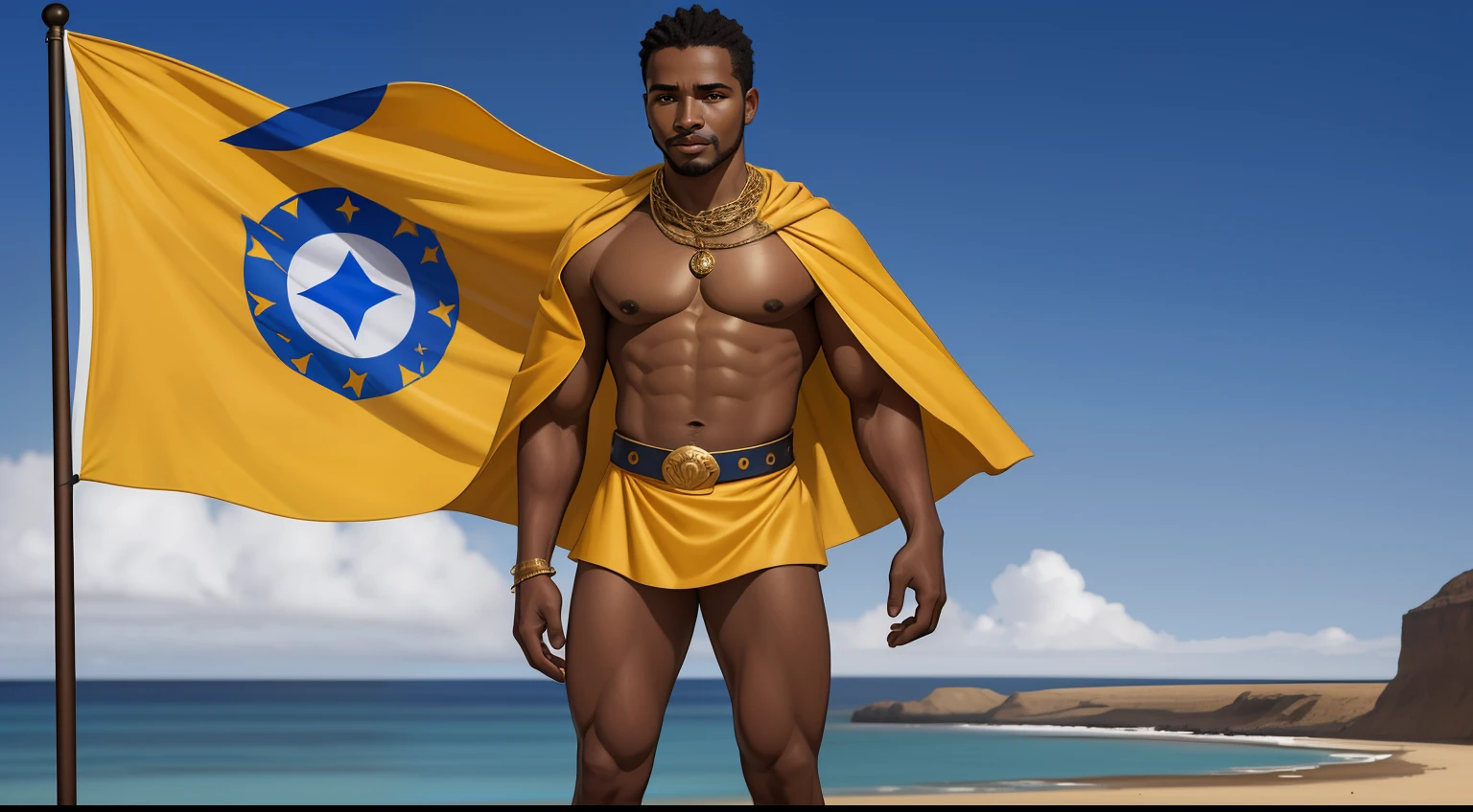 Flag Cores : The route follows the nuclei of the flag of Cape Verde. The top is deep blue, simbolizando o oceano que cerca as ilhas. The chest and the central part are white, representando a paz e a unidade do povo cabo-verdiano. The sleeves and legs are red, denoting the determination and spirit of the country.

10 Estrelas Douradas : Ten gold stars are prominently displayed at the top of the costume, ao longo do peito e ombros, representando as 10 principais ilhas de Cabo Verde. Each star is carefully detailed and shines brightly against the background

Star Belt : um cinto largo, also golden, is used in the c

Tribal details : O traje incorpora elementos tribais discretos em seu design, referencing the cultural heritage of Cape Verde and the role of Amílcar Cabral in the struggle for independence.