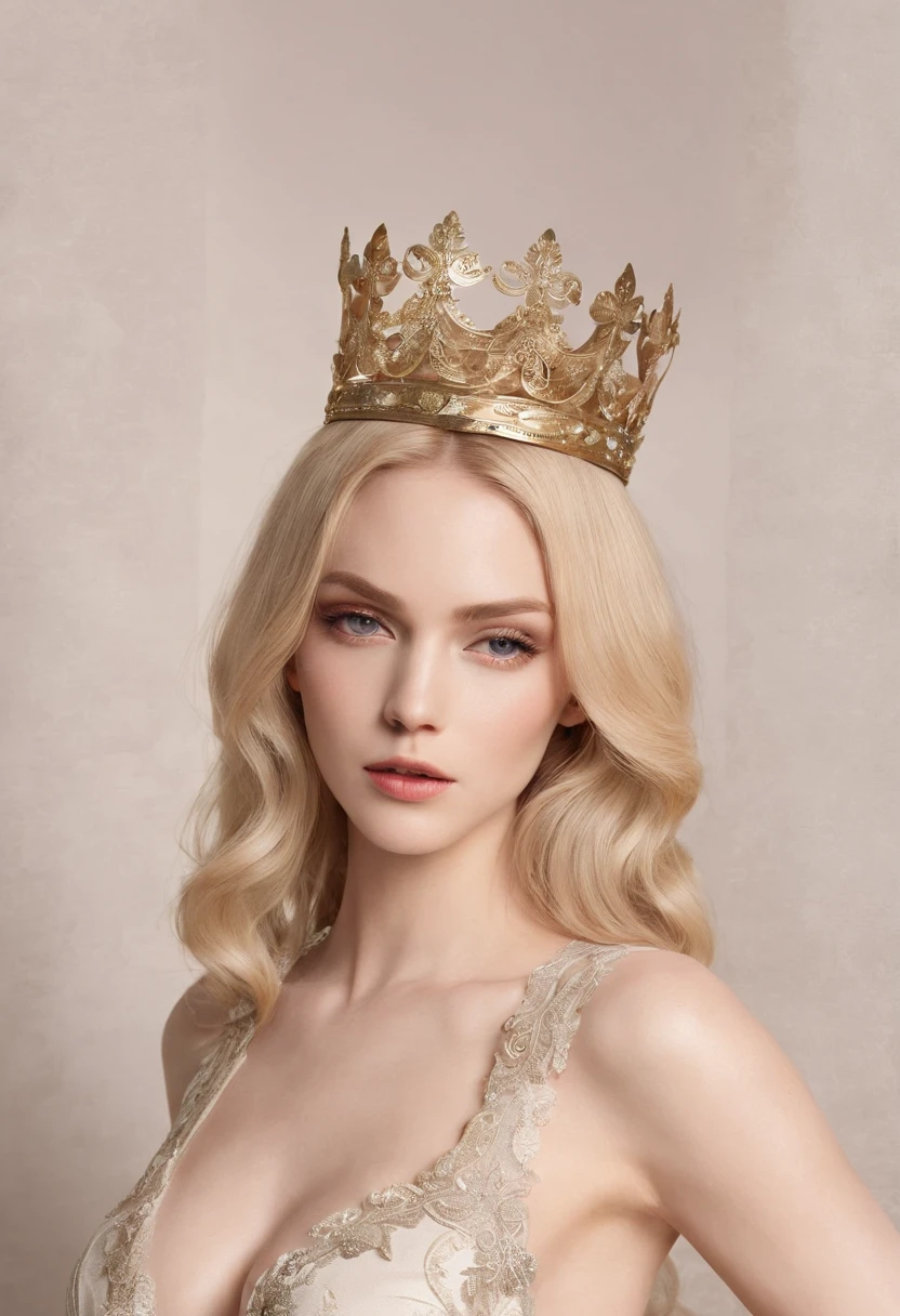 A woman with a beautiful face wears a crown atop her flowing blonde hair, radiating elegance and regal charm,best quality, masterpiece:1.2,big breast:1.3,accentuated body parts,accentuated thigh,accentuated curves