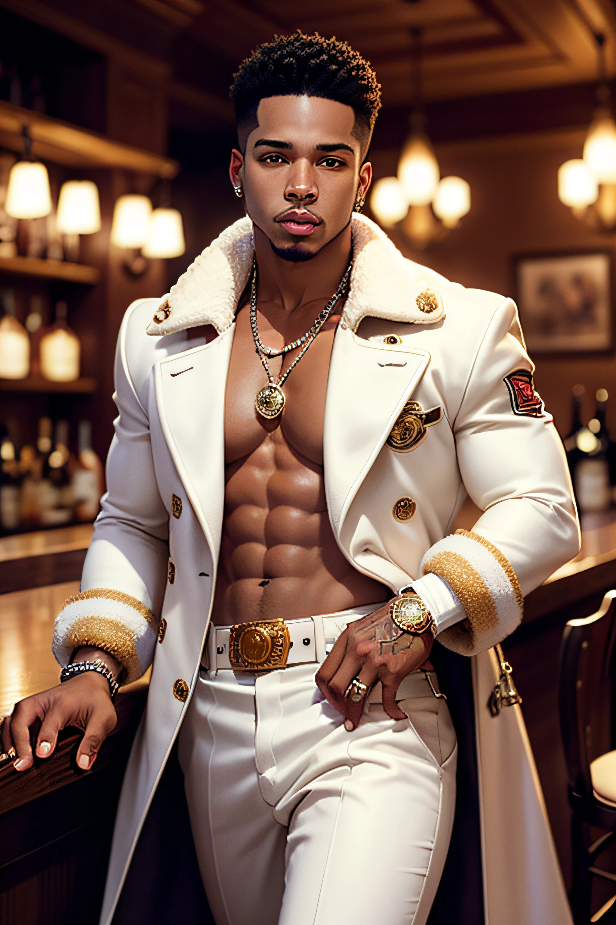 Alberto "Alpo" Martinez. Having drinks at the bar. Wearing diamonds and a white mink Coat.