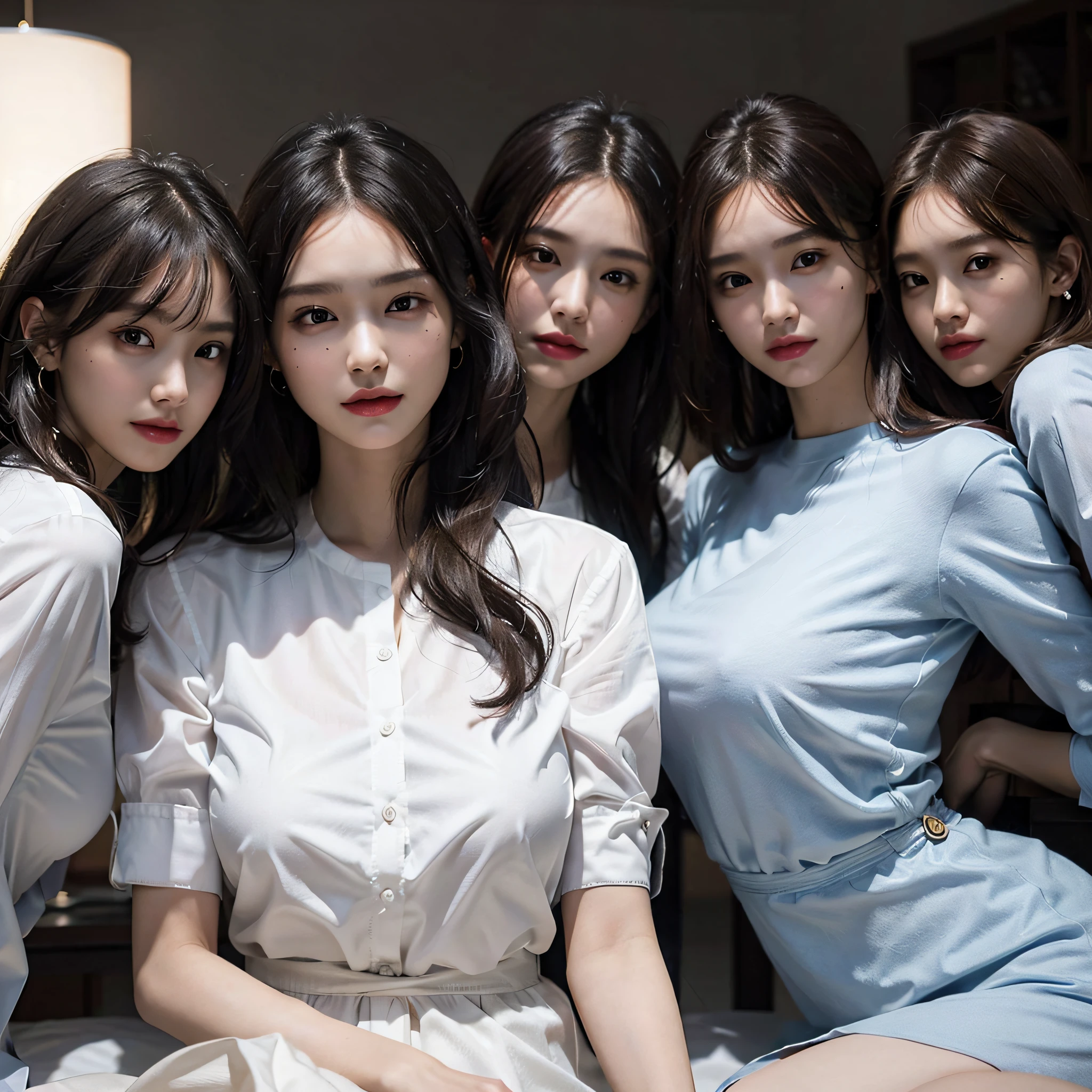 absurdres, RAW photo, extremely delicate and beautiful, masterpiece, Best Quality, ultra high resolution, 16k, hyperrealistic, ultra-detailed, Very detailed CG 8k wallpaper, Beautiful Lighting, Perfect Lightning, Realistic Shadows, perfect anatomy, super Detailed skin, perfect figure, Japanese woman, late 20s, very Slim body, narrow waist, very small head, handsome detailed woman, very detailed eyes and face, realistic face proportions, Stunning detailed eyes, Realistic beautiful face, very small face, Realistic small beautiful eyes, double eyelids, makeup, tearful mole, mole on chest, earring, bare legs, beautiful and very thin legs, beautiful and very thin thighs, (((yuri))), (((((3 girls))))), (((very huge round breasts))), (((full body shot))), short hair, wavy hair, (((dress shirt))),