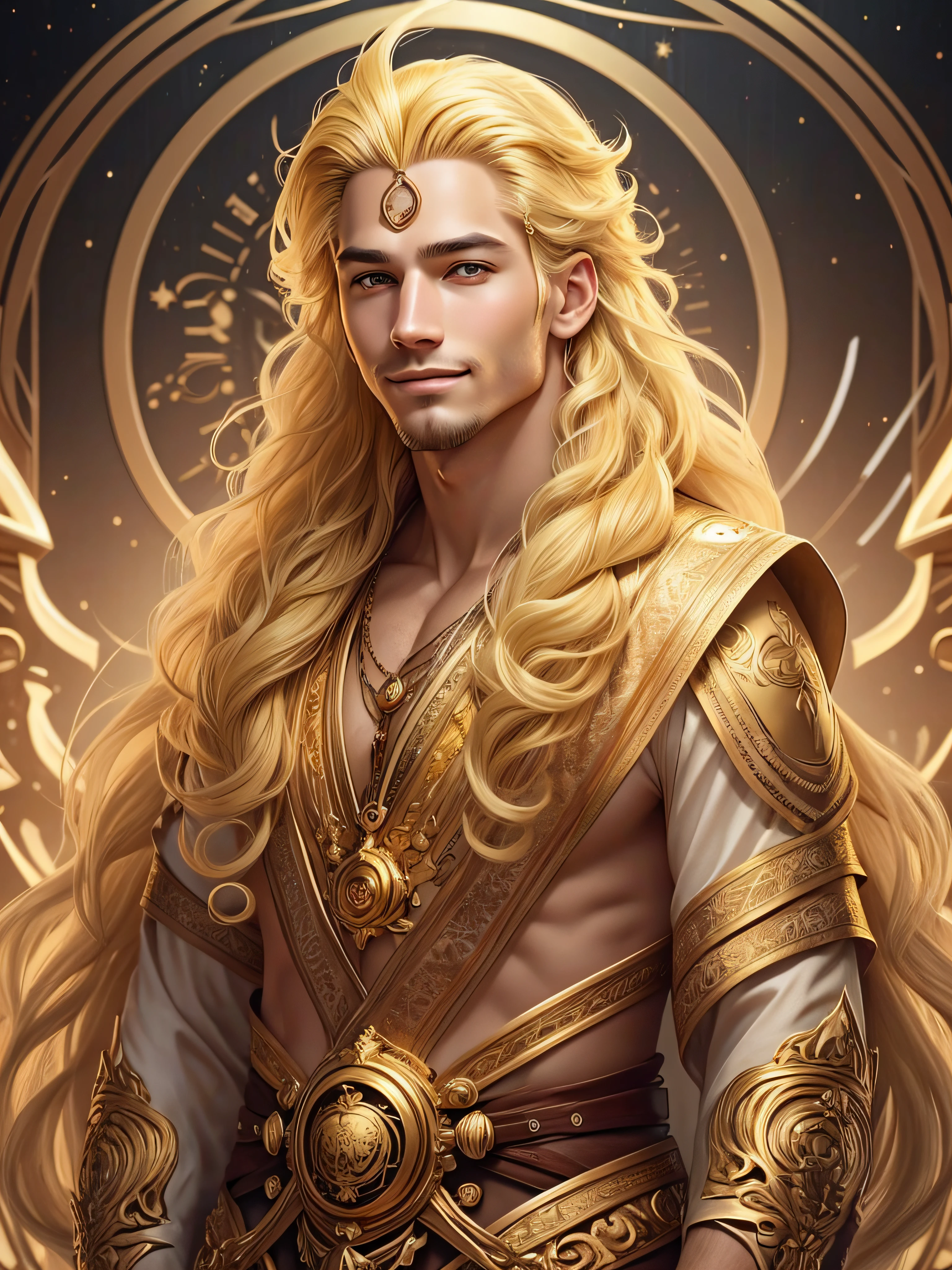Erschaffe einen Mann mit einzigartigen Eigenschaften, inspired by the sign of Leo and the cosmological stars An artist's impression of the essence of this sign, with distinctive facial features and a mysterious aura, Hinterlassen Sie goldene Spuren von Gold und goldenen Lichtern, Yellowish hair like gold and a confident smile Make the pride of the zodiac sign Leo in its essence with a long, curly and voluminous hair as a representation of the mane clearly
