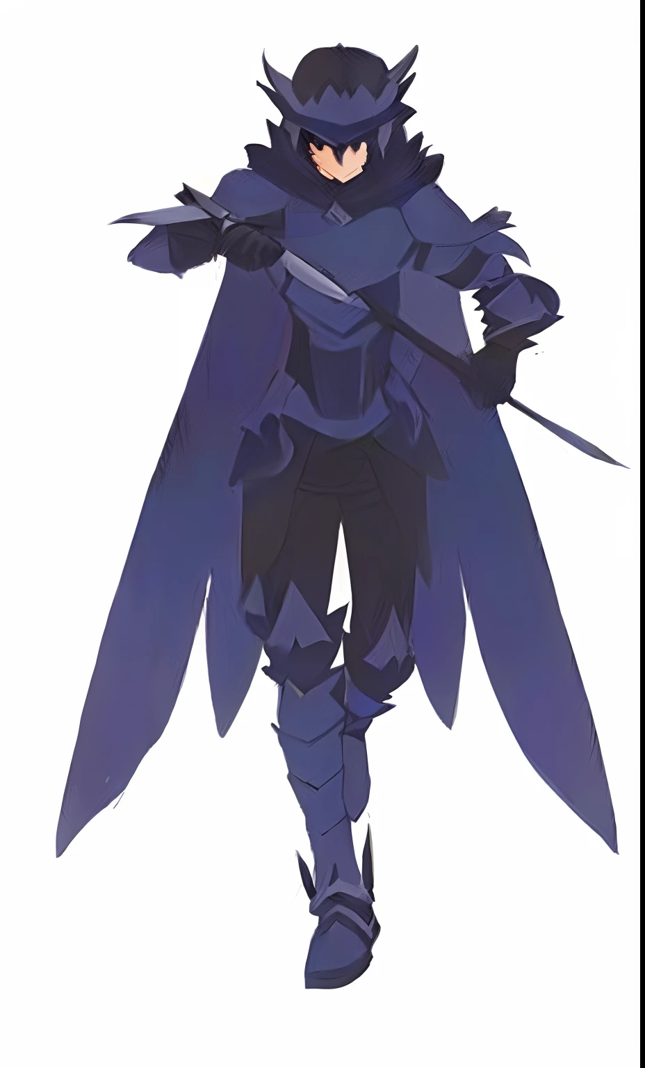um close up de uma pessoa em um traje segurando uma espada, anthropomorphic raven knight, estilo de duelyst, armadura azul, vestido com armadura furtiva, Arte conceitual do Omegamon, final fantasy tactics character, arte oficial do personagem, dragon inspired blue armor, um paladino masculino humano, estilo anime como destino/noite de estadia