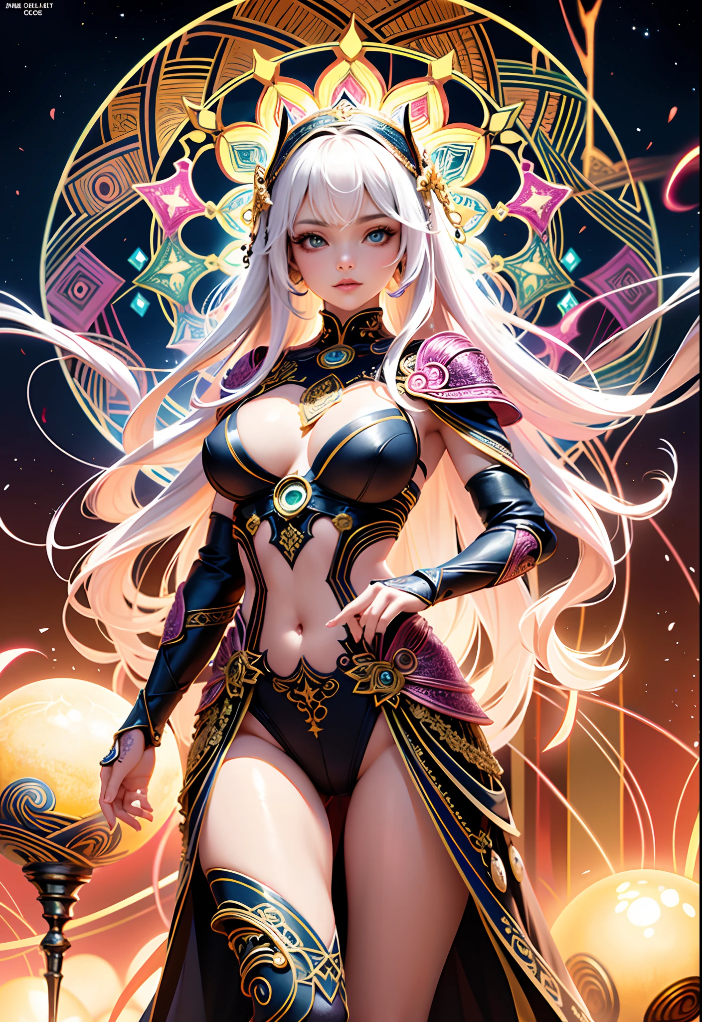 official art, unity 8k wallpaper, ultra detailed, beautiful and aesthetic, High quality, beautiful, masterpiece, best quality, (zentangle, mandala, tangle, entangle, one solo beautiful girl and holy armor elegantly posing: 1.6), full body portrait. Sexy seductive alluring revealing clothes. Beautifully intricate details. Cinematic light. Luminous.