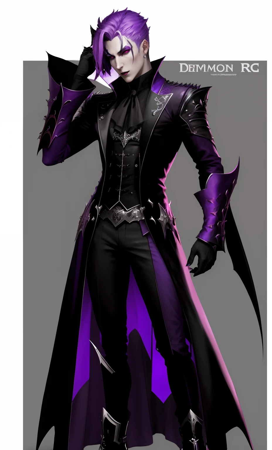 rpg, demon, a close up of a person in a costume with a purple light, male vampire, vampire, dark fantasy character design, no more heroes concept art, male vampire, full body concept, male necromancer, ( ( character concept art ) ), character design : : gothic