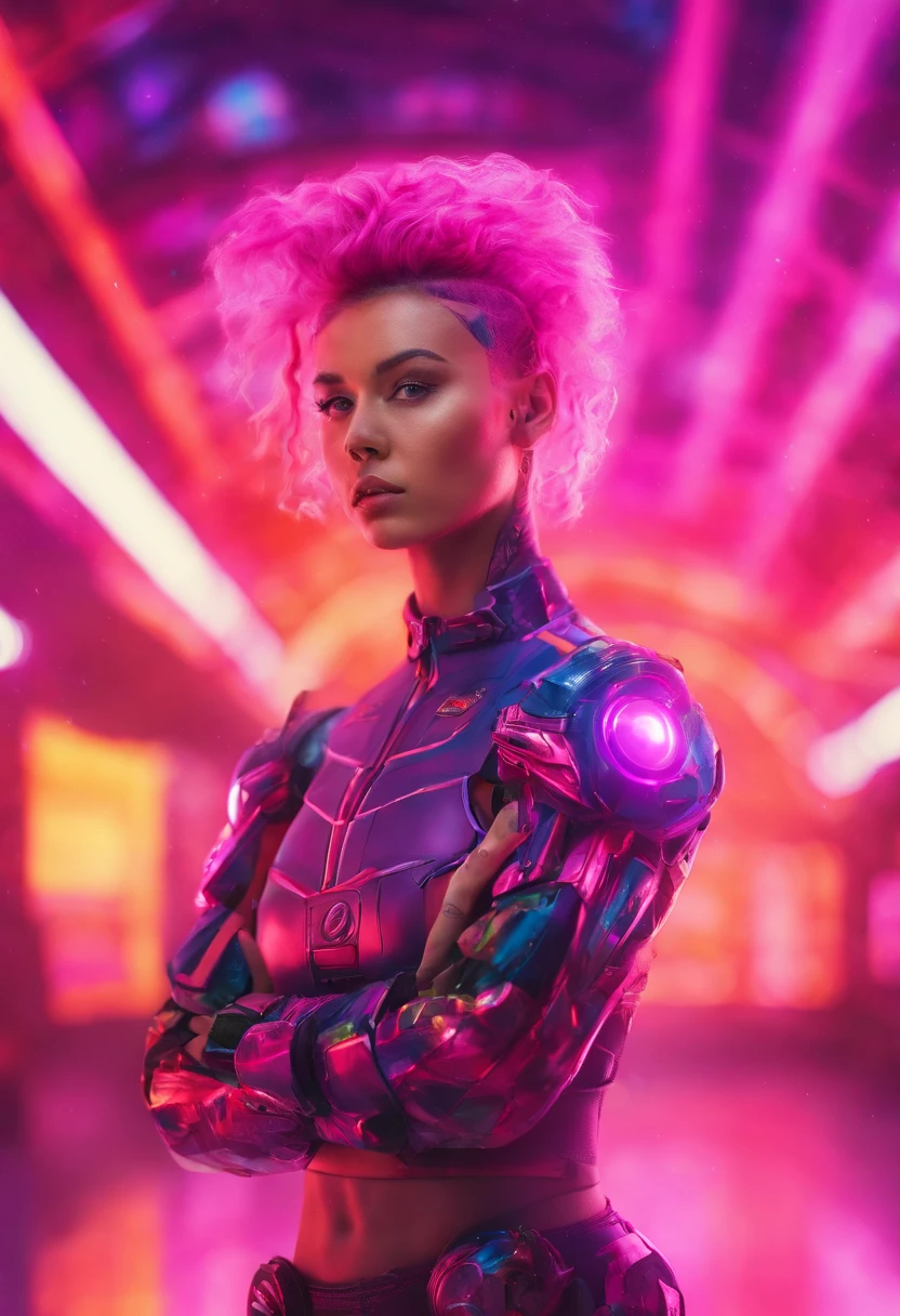 Full body image of an android girl, violet hair with bob cut, neck and upper torso with robotic parts, vibrant details, luxurious cyberpunk, anatomical facial muscles, cyborg, elegant, electric metallic lace. Dressed with leather and satin. Ice Bar on the background. Highly detailed.