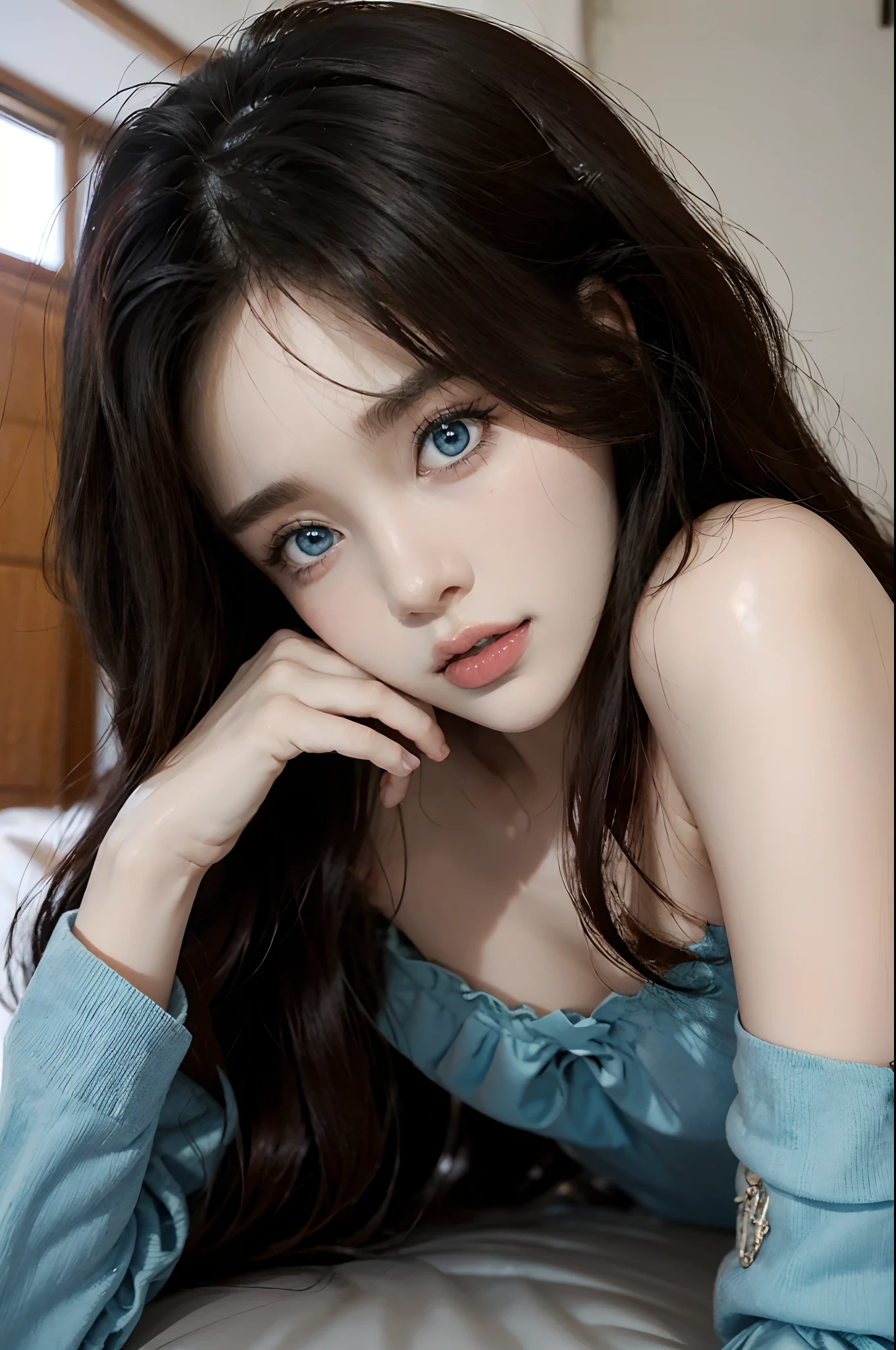 ((4K works))、masterpiece、(top-quality)、1 beutiful girl、Slim body、tall、((Stylish pajamas in black and white))、(Detailed beautiful eyes)、morning、In a stylish bedroom、Take a selfie with a futon、((Face similar to Carly Rae Jepsen))、((Long boyish red hair))、((Smaller face))、((Neutral face))、((Bright blue eyes))、((American adult women))、((Adult female 26 years old))、((cool lady))、((Like a celebrity))、((Sexy look))、((Korean Makeup))、((elongated and sharp eyes))、((Happy dating))、((boyish))、((Face Close-up))、((Focus Zoom))、((Focus zoom on face))、((Shot close to the face))、((selfee))、((Her selfie))、((Shot from an angle above the face))、((Put your head on the pillow))、((Looking Up))、((She is lying on a futon))