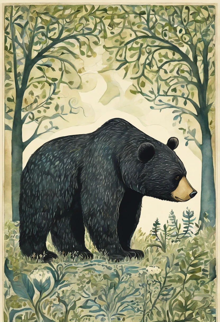 Una imagen de un oso negro de un juego de CG, In the style of mid-century illustration, Symbolic figurative landscapes, color verde y azul, Vintage poster design, Organic Art Nouveau, Piscinas de pigmentos saturados, xylography, Portada del libro
