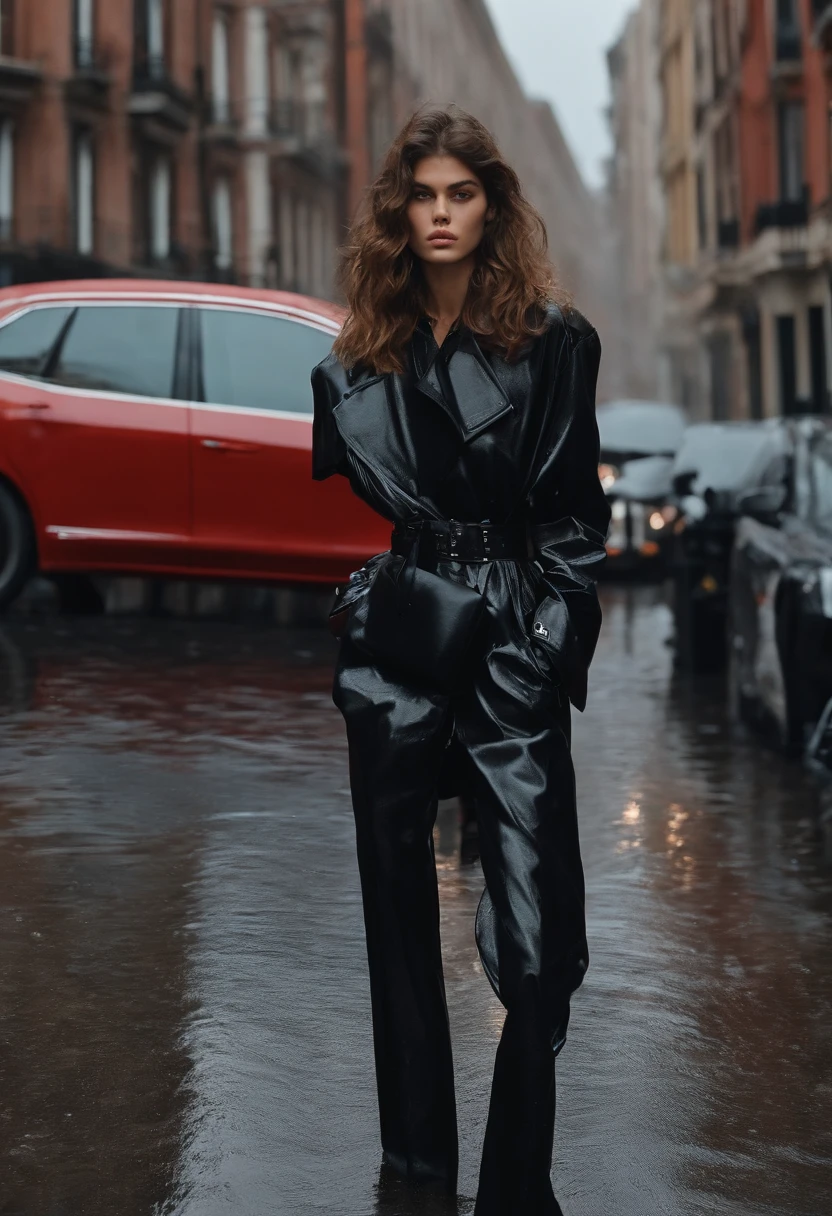 Asian appearance Curly top model with long brown hair Kaia Gerber is filmed in the rain for balenciaga in a sexy outfit , street photography , Naked , sexy body , Smoking cigarettes with a gun , naked breasts, Sheer clothing