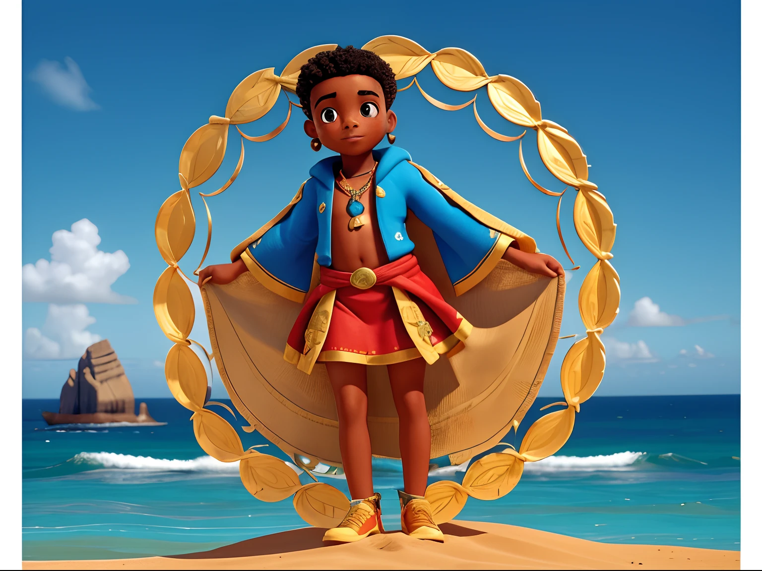 Flag Cores : The route follows the nuclei of the flag of Cape Verde. The top is deep blue, simbolizando o oceano que cerca as ilhas. The chest and the central part are white, representando a paz e a unidade do povo cabo-verdiano. The sleeves and legs are red, denoting the determination and spirit of the country. 10 Estrelas Douradas : Ten gold stars are prominently displayed at the top of the costume, ao longo do peito e ombros, representando as 10 principais ilhas de Cabo Verde. Each star is carefully detailed and shines brightly against the Starbelt background : um cinto largo, also golden, is used in the c Tribal details : O traje incorpora elementos tribais discretos em seu design, referencing the cultural heritage of Cape Verde and the role of Amílcar Cabral in the struggle for independence.