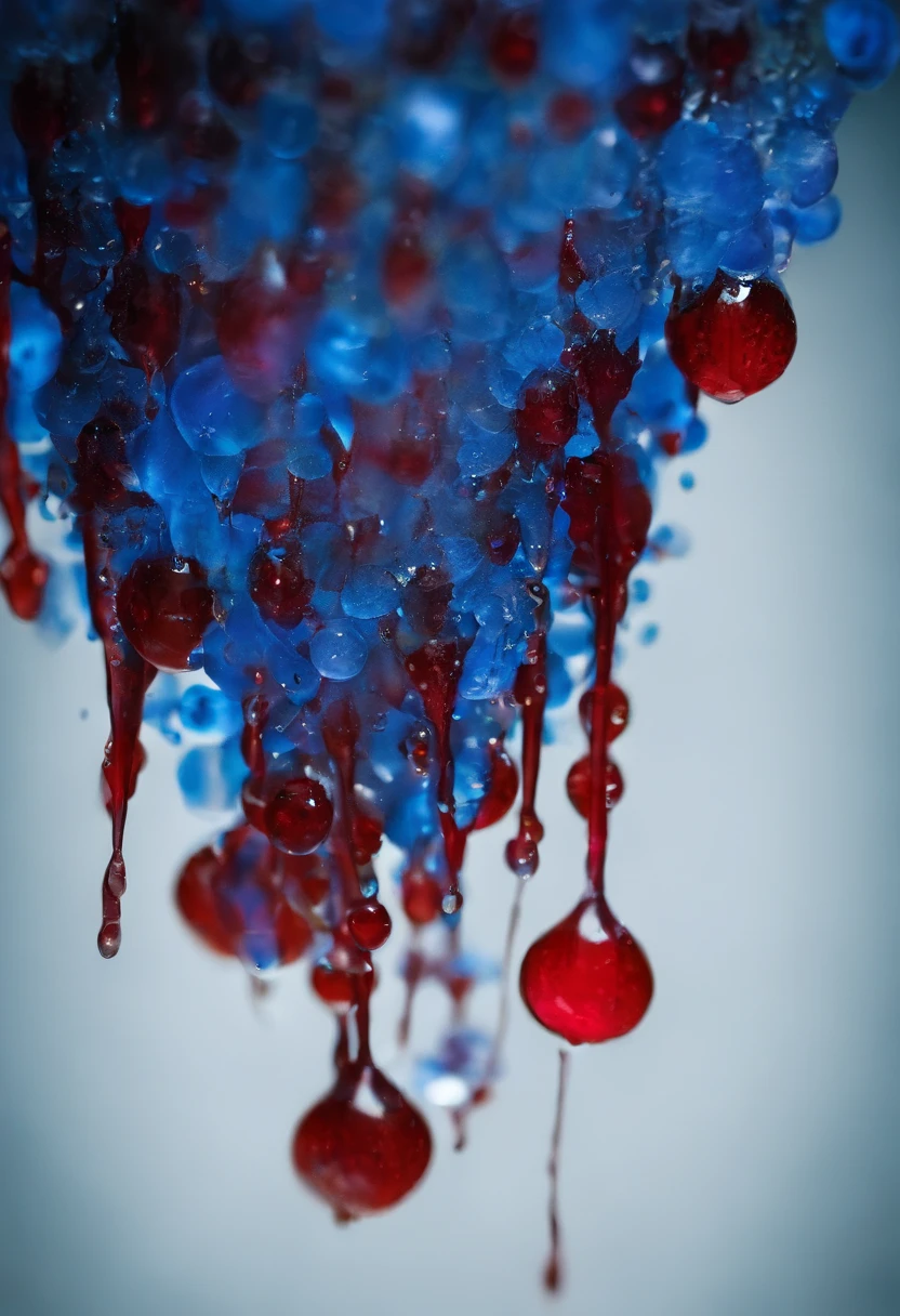 drops of blue blood on the surface, photography, contrasting colors