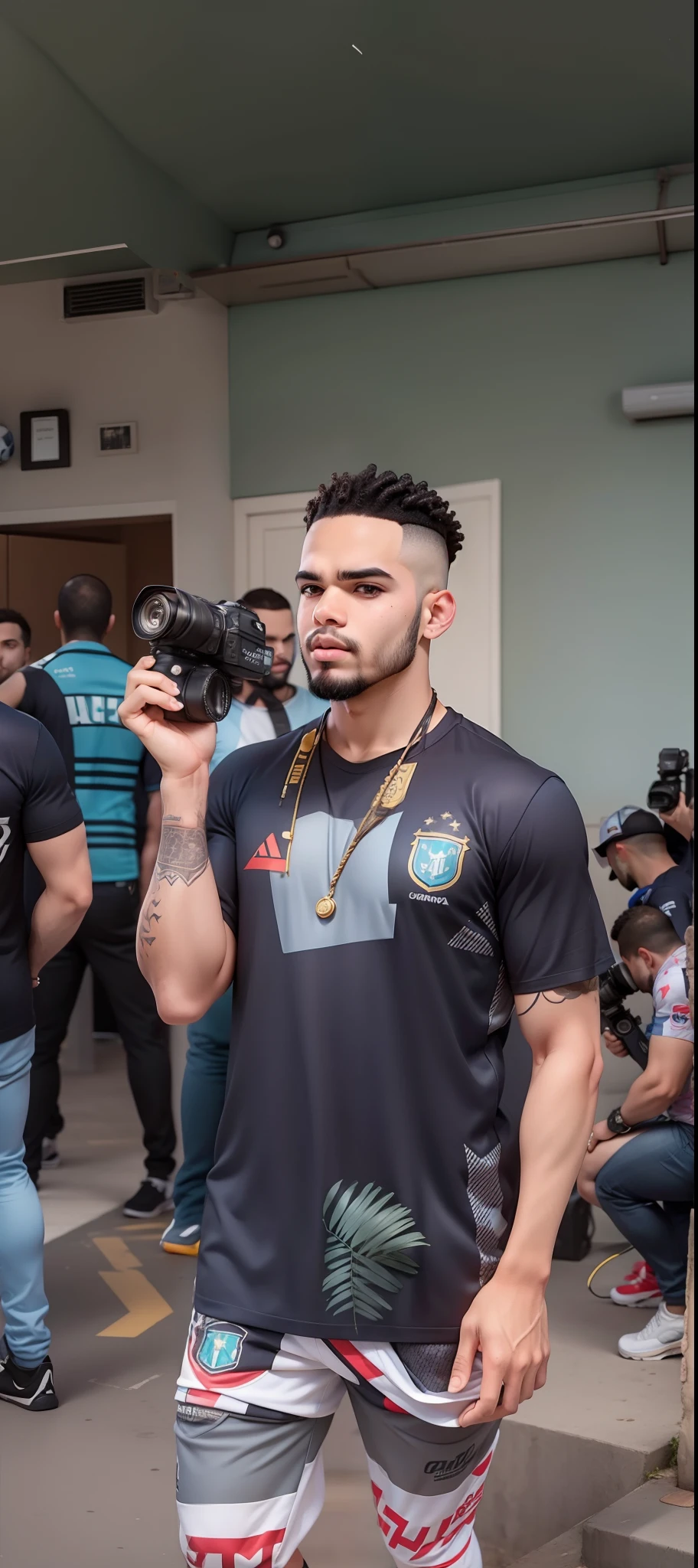 um Homen , parecido com Ederson Santana ,futeBol,com (Camisa Preta) , holding a camera, com barba, with pants
