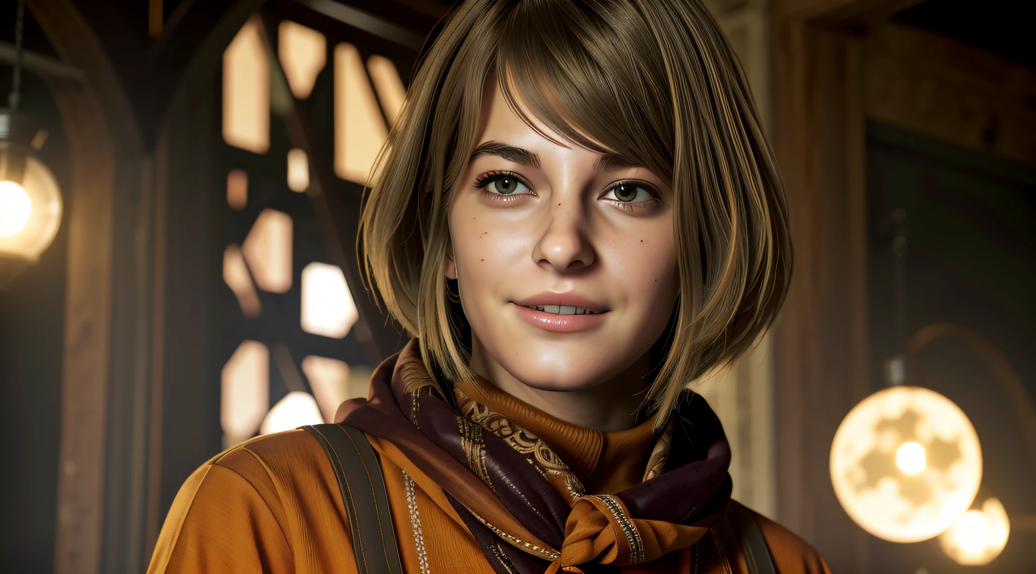 1 girl, solamente, Primer plano, Ashley Graham de resident Evil 4 Remake, cara de Ella Freya, pelo corto, cabello rubio, chaqueta naranja de manga larga, bufanda, Small Necklace, Orange sweater inside, black sock, Dark brown boots, Cara sonriente, Cara detallada, seno, La mejor calidad, High resolution:1.2, Pueblo del siglo 18 en el fondo, Sombras, Nightime, Luz de la luna, Profundidad de campo, Enfoque central