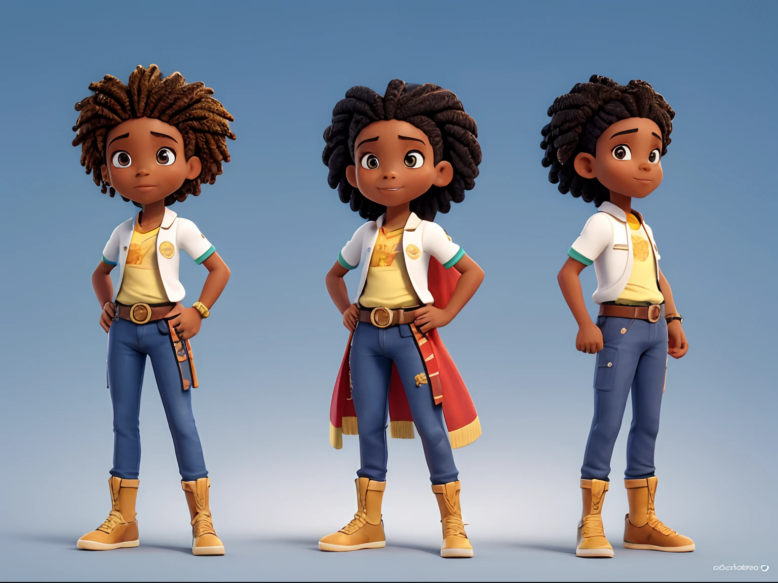 Create an image of a black ninja after an apocalypse in the future, afro cabelo caindo para frente, Rasta type but braided, corpo inteiro, vestindo um traje indiano ribulo africano corpo inteiro, A realistic 4K phoenix with blue feathers, dourado, cosmico , com uma Moreno, de cabelo afro cabelo caindo para frente, Rasta type but braided, Estilo Art Vista de Corpo Inteiro, plano completo, vista frontal, Vista lateral, vista traseira, de personagem, Multiple views and poses, various points of view, um personagem, corpo inteiro, personagem com menos, estilo de roupa, no mesmo Estilo de cabelo, less Type of footwear, strong full-body vision, plano completo, vista frontal, vista traseira, design de personagem, Multiple views and poses, various points of view, de um personagem, corpo inteiro,, personagem com mesmo, estilo de roupa, no mesmo Estilo de cabelo, same type of footwearThe route follows the cores of the Cape Verde flag. The top is deep blue, simbolizando o oceano que cerca as ilhas. The chest and the central part are white, representando a paz e a unidade do povo cabo-verdiano. The sleeves and legs are red, denoting determination and spirit, do 10 Estrelas Douradas, : Ten gold stars are prominently displayed at the top of the costume, ao longo do peito e ombros, representando as 10 principais ilhas de Cabo Verde. Cada estrela, It is carefully detailed and shines brightly against the background Star Belt A wide belt, also golden, is used in Tribal Details, O traje incorpora elementos tribais discretos em seu design, referencing the cultural heritage of Cape Verde