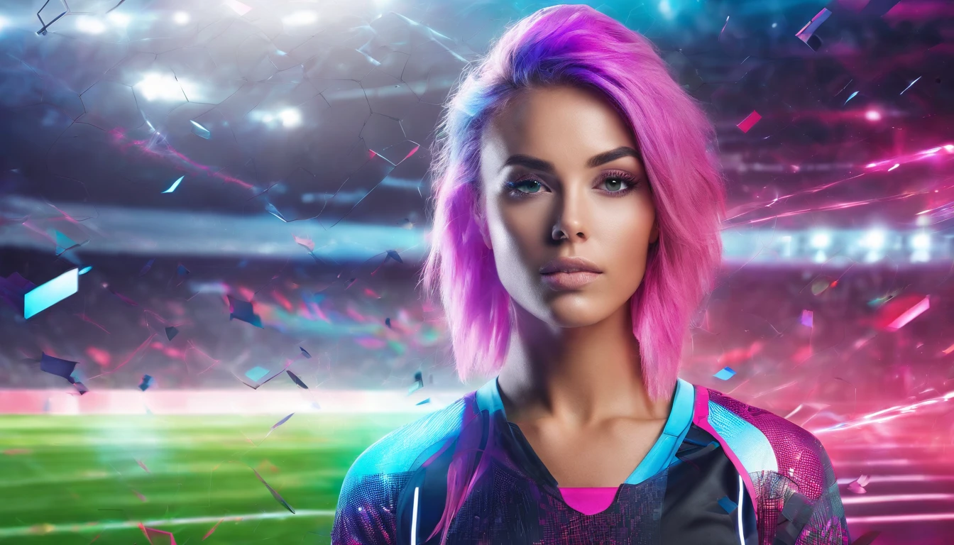 female beautiful soccer player with colorful hairstyle and cyber clothes, futuristic stadium background,ultra detailed, photo realism, dreamlike lighting, magical photography, dramatic lighting, photo realism, ultra-detailed, 85mm, f 1.2, --ar 9:16 --testp