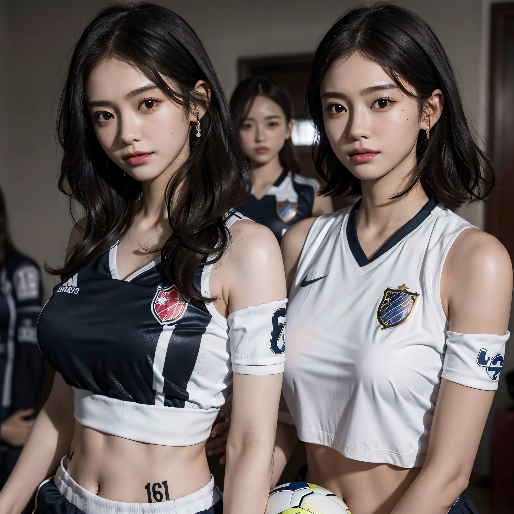 absurdres, RAW photo, extremely delicate and beautiful, masterpiece, Best Quality, ultra high resolution, 16k, hyperrealistic, ultra-detailed, Very detailed CG 8k wallpaper, Beautiful Lighting, Perfect Lightning, Realistic Shadows, perfect anatomy, super Detailed skin, perfect figure, Japanese woman, late 20s, very Slim body, narrow waist, very small head, handsome detailed woman, very detailed eyes and face, realistic face proportions, Stunning detailed eyes, Realistic beautiful face, very small face, Realistic small beautiful eyes, double eyelids, makeup, tearful mole, mole on chest, earring, bare legs, beautiful and very thin legs, beautiful and very thin thighs, (((very huge round breasts))), (((full body shot))), ((short hair)), wavy hair, (((soccer Jersey))), midriff peek, (sleeveless), (((((2 girls))))), locker room,