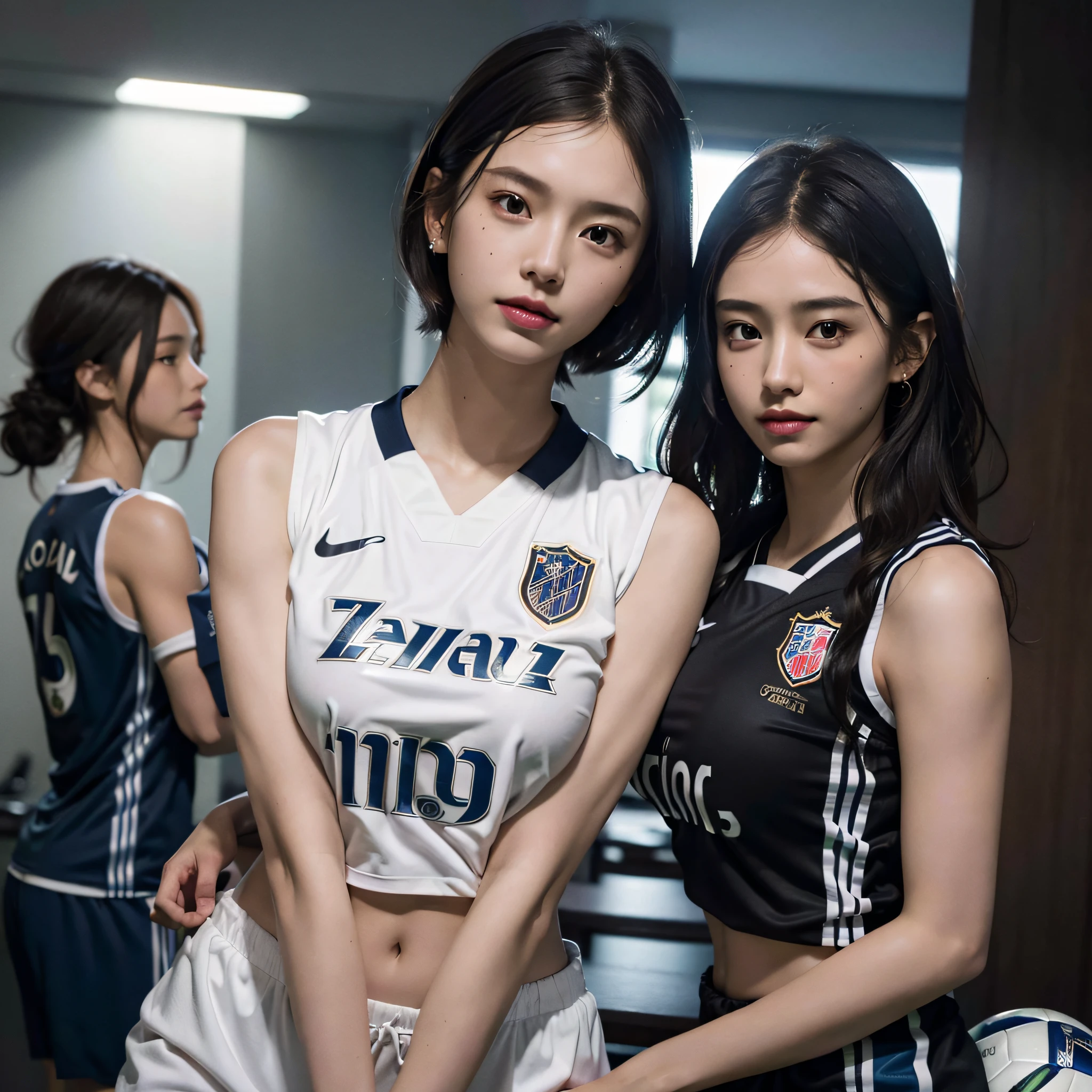 absurderes, Raw photo, Extremely delicate and beautiful, masutepiece, Best Quality, Ultra High Resolution, 16 K, hyper realisitic, Ultra-detailed, Perfect Anatomy, Ultra-detailed細なスキン, Perfect figure, Very detailed CG 8k wallpaper, in her 20s, Very slim body, Narrow waist, Very small head, Very small face, Very detailed face, Very detailed eyes, tear moles, Earring, thin legs, ((very massive round chest)), ((2 girls)), ((Full body shot)), Bare legs, Short hair, Wavy Hair, light brown hair, ((football uniform)), (Locker Room), Sleeveless, Midriff,