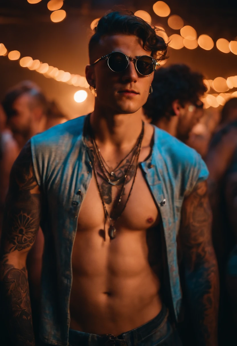 man aged 24, shirtless, fully tattooed, in shorts, at a rave party, other people on the set, lights, stage, wearing Oakley Juliet glasses, looking directly at the camera, image below. realistic, ultra hd, 8k