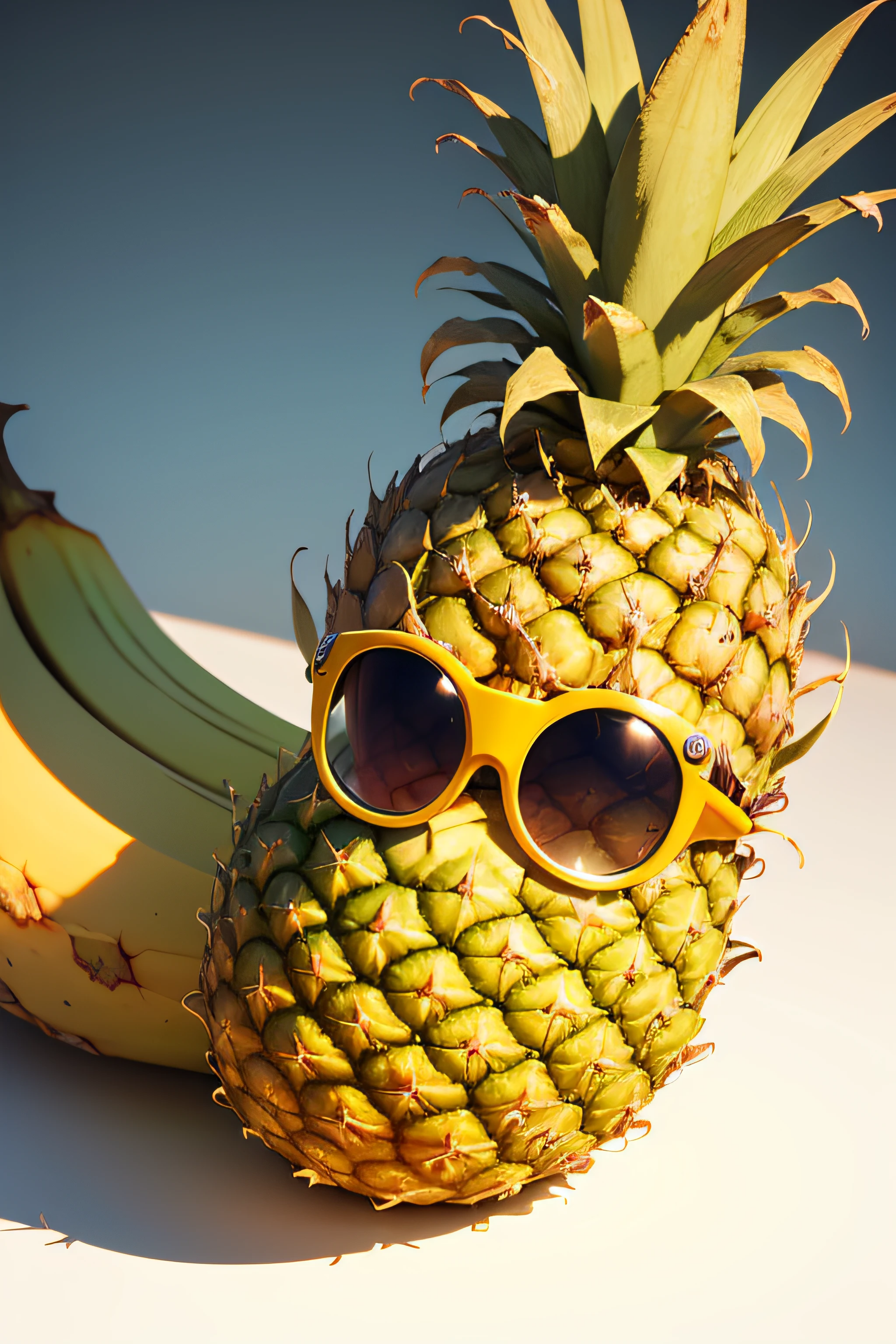 A pineapple with hippie accessories like a banana, sunglasses, spiky hair, on white background