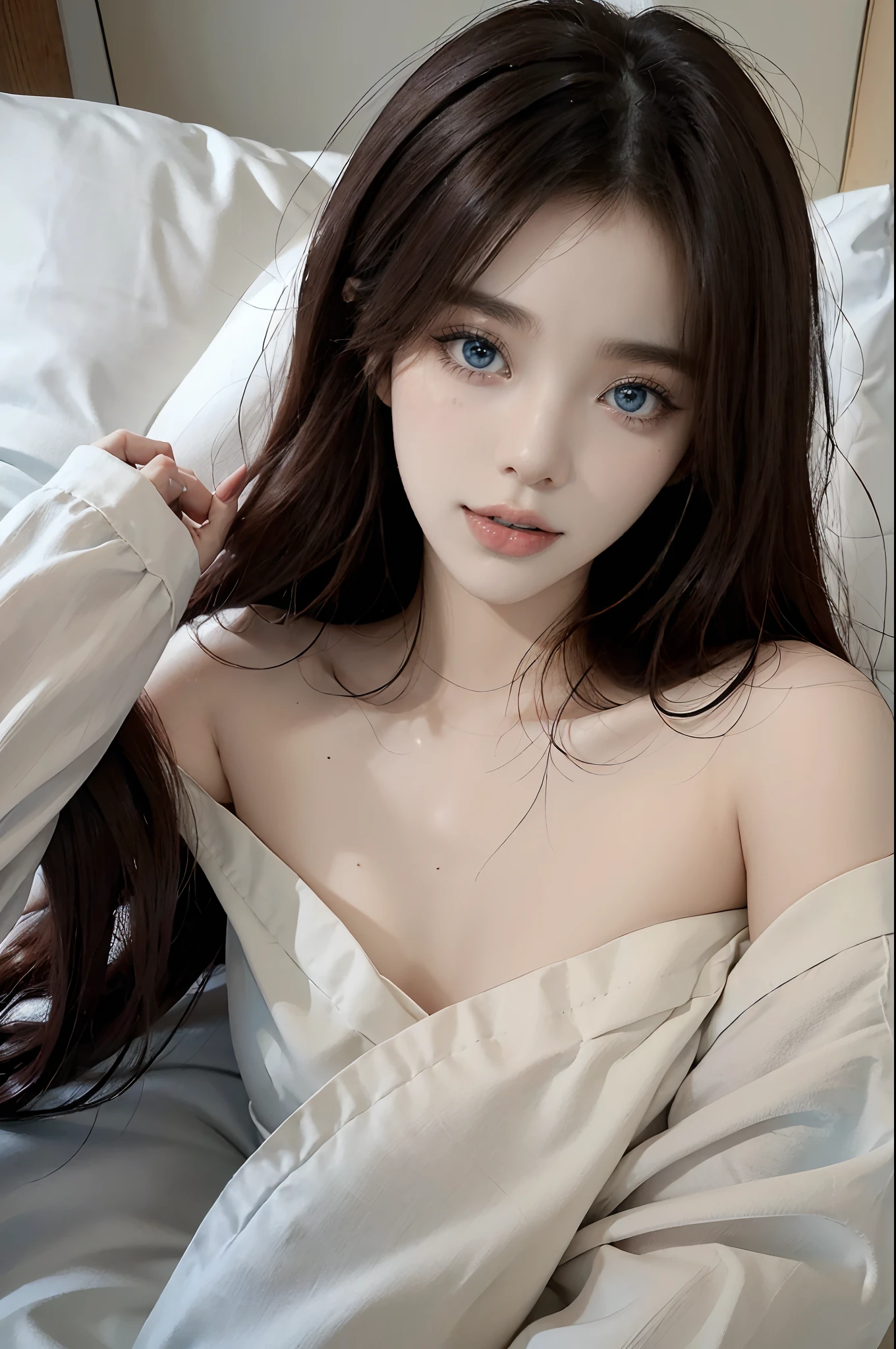 (Hyper-realistic), (Illustration), (High resolution), (8K), (Extremely detailed), (Best Illustration), Yol ( chain saw man ), (Beautiful detailed eyes), (Best Quality), (Ultra-detailed), (masutepiece), (Wallpaper), (Detailed face), Solo, Upper body, Focus on Face, 1 girl, Long Black Hair, Korean, Thin eyeshadow, A detailed eye, Brown eyes, Small moles under the eyes, very slender legs,Small breasts,Smaller chest,Black knee socks, morpheus,Sleeping Girl,low illuminance, Night, Dark, Clouds, a dark night,sleeps in a bed,Naked,angry,Pink,M-shaped legs,Shot from directly above the bed、