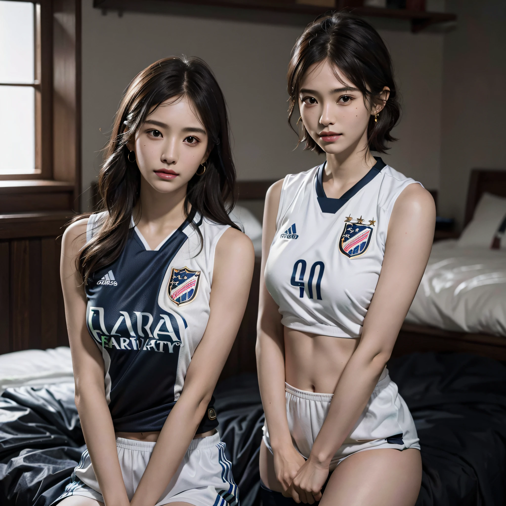 absurdres, RAW photo, extremely delicate and beautiful, masterpiece, Best Quality, ultra high resolution, 16k, hyperrealistic, ultra-detailed, Very detailed CG 8k wallpaper, Beautiful Lighting, Perfect Lightning, Realistic Shadows, perfect anatomy, super Detailed skin, perfect figure, Japanese woman, late 20s, very Slim body, narrow waist, very small head, handsome detailed woman, very detailed eyes and face, realistic face proportions, Stunning detailed eyes, Realistic beautiful face, very small face, Realistic small beautiful eyes, double eyelids, makeup, tearful mole, mole on chest, earring, bare legs, beautiful and very thin legs, beautiful and very thin thighs, (((very huge round breasts))), (((full body shot))), ((short hair)), wavy hair, (((soccer Jersey))), midriff peek, (sleeveless), (((((2 girls))))), soccer field,