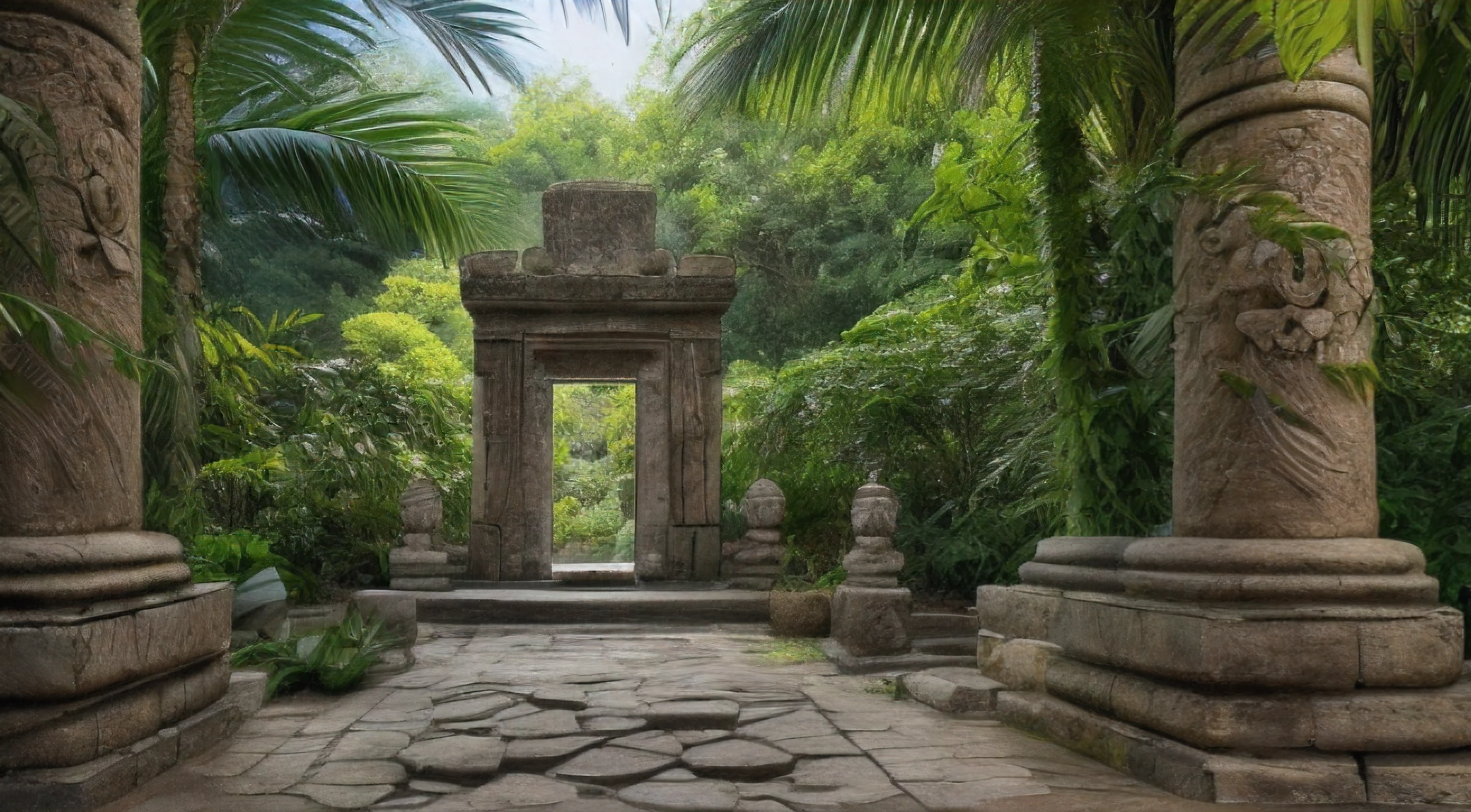 (high-quality:1.2),detailed sculpture,Maya civilization,tropical vegetation,tropical flowers,realistic,high definition,detailed artwork,particle effect,lush greenery,intense colors,Mayan culture,sacred atmosphere,photorealistic lighting,exquisite details,leaves intertwining with the sculpture,vibrant tropical ambiance,meticulous craftsmanship,emerging from the dense foliage,authentic portrayal,serene tropical oasis,transparent floral patterns,life-like appearance,detailed textures,intense foliage,Mayan architectural elements,harmonious integration of nature and sculpture,brilliantly captured realism,immersing viewers into the ancient world,lush tropical paradise,unveiling the rich history,awe-inspiring mastery,sculptural beauty amidst the dense vegetation,accurate representation,texured stonework,glimmering sunlight filtering through the leaves,wonderful fusion of nature and art,exotic tropical setting,masterpiece capturing the essence of Maya culture,delicate tendrils coiling around the sculpture,illuminating the sacredness of the Maya civilization,meticulous attention to shading and shadows,lifelike portrayal of the sculpture,green vines embracing the artwork.