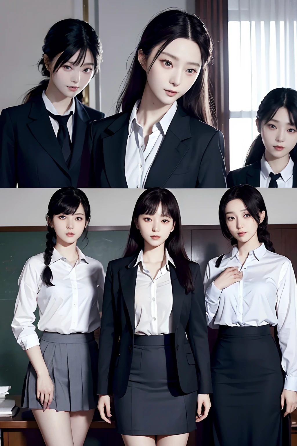 masutepiece, Best Quality, Braids、Five girls in the classroom,(5 people standing:1.2),Standing,20s, Looking at Viewer,l Group shot, harems,nffsw,Underwear,(pantiy),Realistic,Female Teacher Figure,(Dark blue suit and white shirt) ,(Dark blue tight skirt),(Looking back, ass grab:0.9),(Beautiful eyes:1.3),frombelow,From below,Kinney,(skinny:1.2) ,thick-eyed thighs, Long body, novel illustration,(Smelly eyes:0.5),closed curtains,(shirts lift,lifted by self:1.5) ,Dark Persona.Skirt lift front,(Panties:1.3),