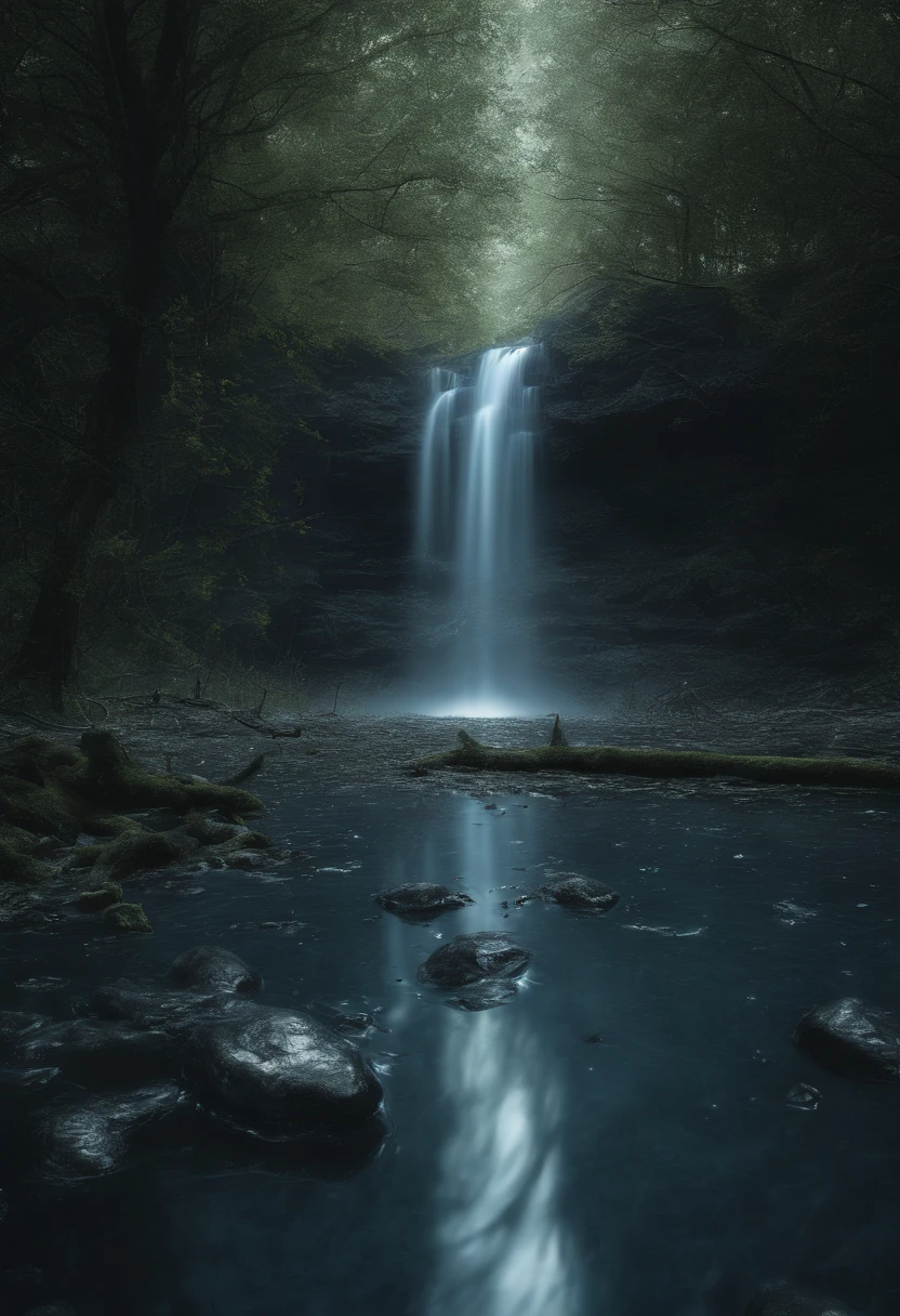 (best quality,4k,8k,highres,masterpiece:1.2),ultra-detailed,(realistic,photorealistic,photo-realistic:1.37),blue blood drops,contrast colors,rippling water reflection,crystal-clear surface,mesmerizing gaze,photography,ethereal atmosphere,lush green foliage,soft breeze,