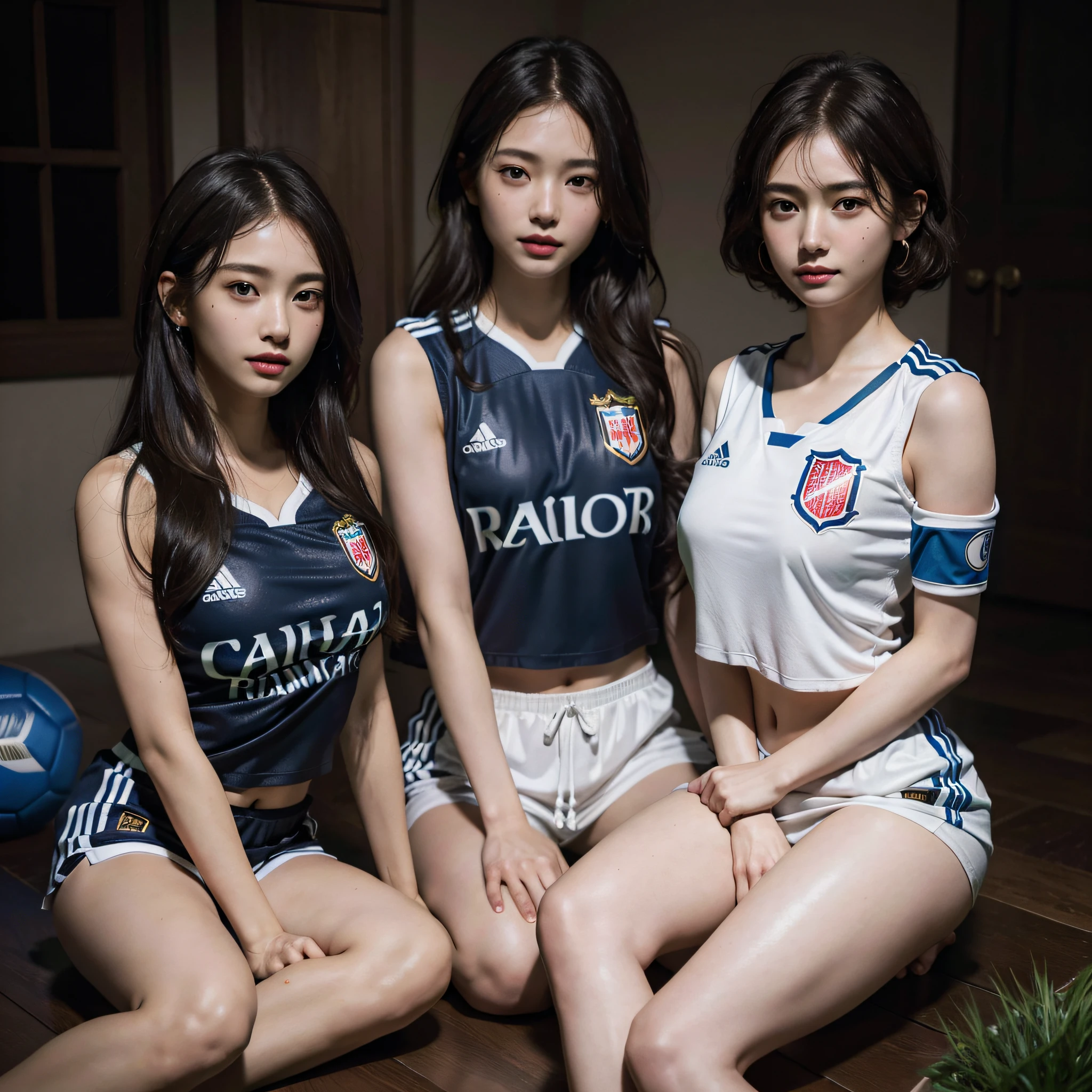 absurdres, RAW photo, extremely delicate and beautiful, masterpiece, Best Quality, ultra high resolution, 16k, hyperrealistic, ultra-detailed, Very detailed CG 8k wallpaper, Beautiful Lighting, Perfect Lightning, Realistic Shadows, perfect anatomy, super Detailed skin, perfect figure, Japanese woman, late 20s, very Slim body, narrow waist, very small head, handsome detailed woman, very detailed eyes and face, realistic face proportions, Stunning detailed eyes, Realistic beautiful face, very small face, Realistic small beautiful eyes, double eyelids, makeup, tearful mole, mole on chest, earring, bare legs, beautiful and very thin legs, beautiful and very thin thighs, (((very huge round breasts))), (((full body shot))), ((short hair)), wavy hair, (((soccer Jersey))), midriff peek, (sleeveless), (((((2 girls))))), soccer field,
