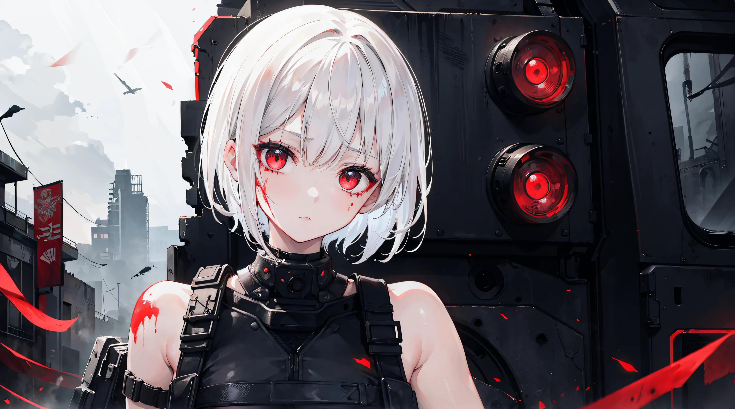 1girl, white short hair, red eyes, wearing black tactical gear, urban ruins, absurdres, high res, ultrasharp, 8K, masterpiece, blood on face, grime on face, tank in the background