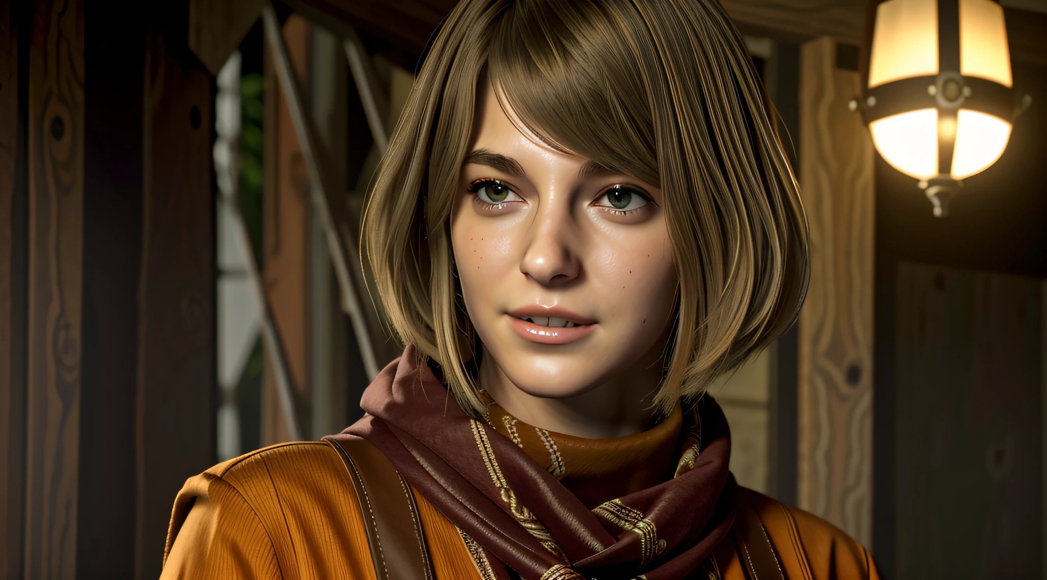 1 girl, solamente, Primer plano, Ashley Graham de resident Evil 4 Remake, cara de Ella Freya, pelo corto, cabello rubio, chaqueta naranja de manga larga, bufanda, Small Necklace, Orange sweater inside, black sock, Dark brown boots, Cara sonriente, Cara detallada, seno, La mejor calidad, High resolution:1.2, Pueblo del siglo 18 en el fondo, Sombras, Nightime, Luz de la luna, Profundidad de campo, Enfoque central