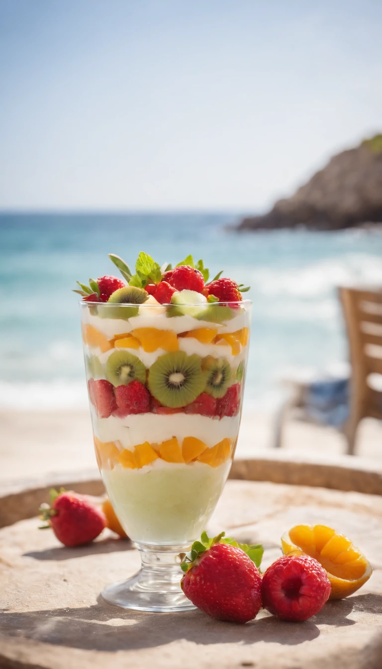 salada de frutas no copo mesa de um quiosque na praia ao fundo praia mar azul