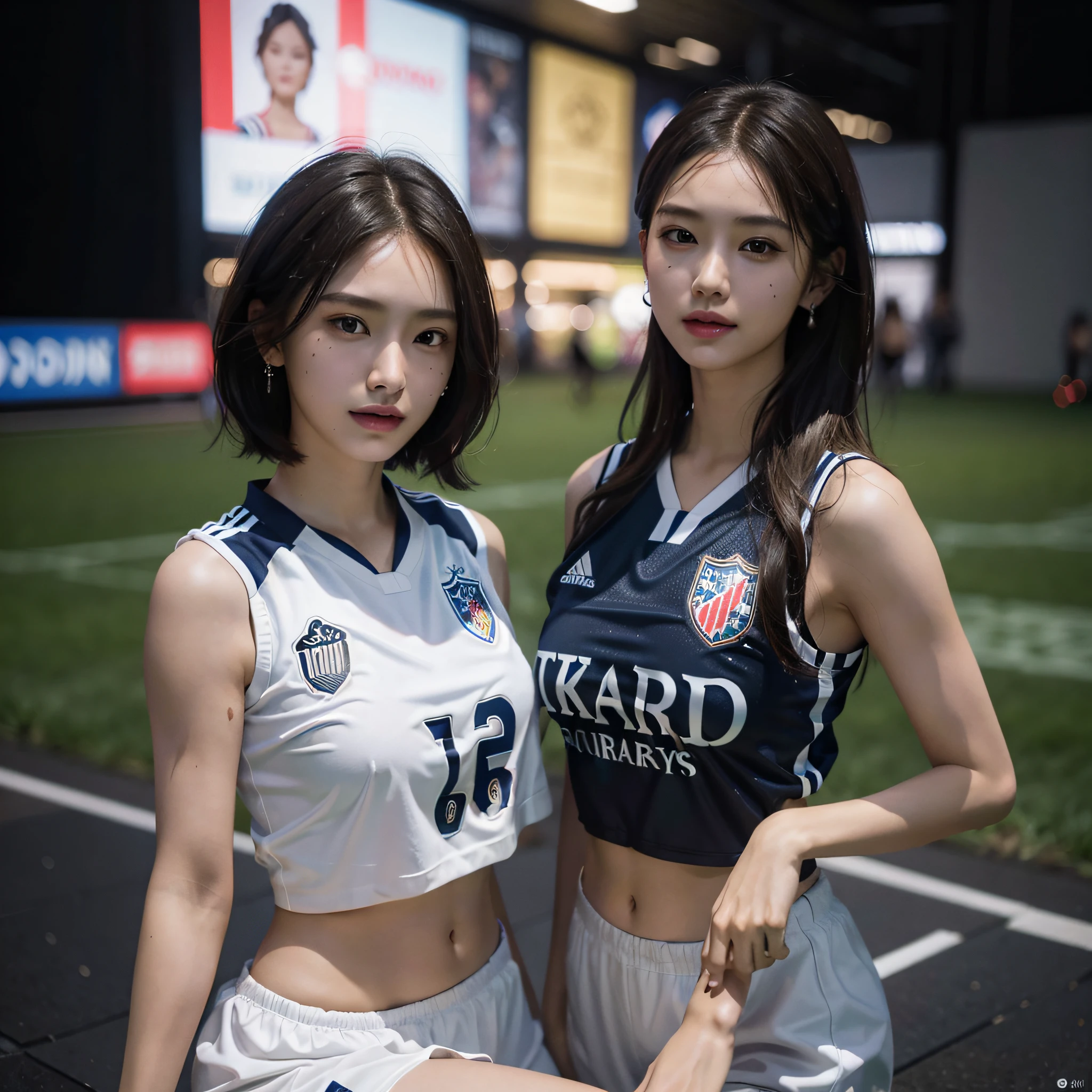 absurdres, RAW photo, extremely delicate and beautiful, masterpiece, Best Quality, ultra high resolution, 16k, hyperrealistic, ultra-detailed, Very detailed CG 8k wallpaper, Beautiful Lighting, Perfect Lightning, Realistic Shadows, perfect anatomy, super Detailed skin, perfect figure, Japanese woman, late 20s, very Slim body, narrow waist, very small head, handsome detailed woman, very detailed eyes and face, realistic face proportions, Stunning detailed eyes, Realistic beautiful face, very small face, Realistic small beautiful eyes, double eyelids, makeup, tearful mole, mole on chest, earring, bare legs, beautiful and very thin legs, beautiful and very thin thighs, (((very huge round breasts))), (((full body shot))), ((short hair)), wavy hair, (((soccer Jersey))), (((midriff peek))), (((sleeveless))), (((((2 girls))))), (((Turf Ground))),