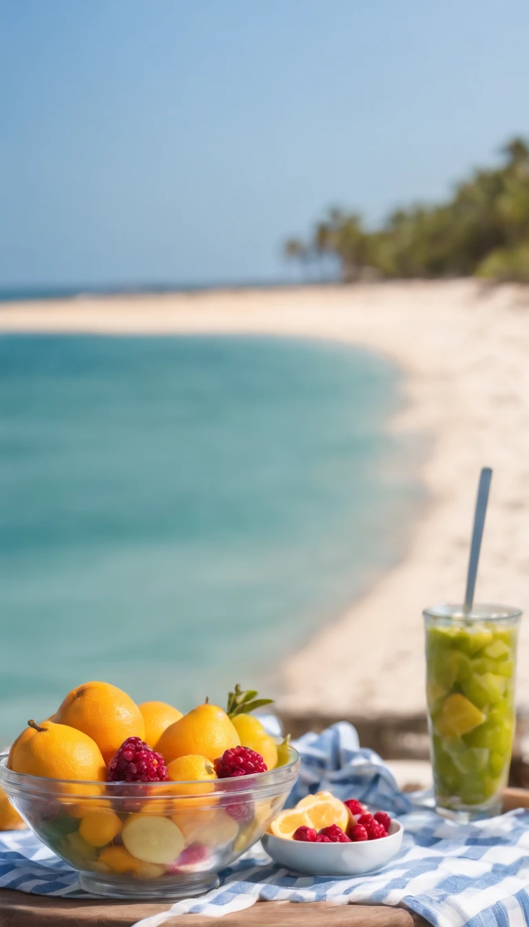 salada de frutas no copo transpirando de gelado mesa de um quiosque na praia ao fundo praia mar azul