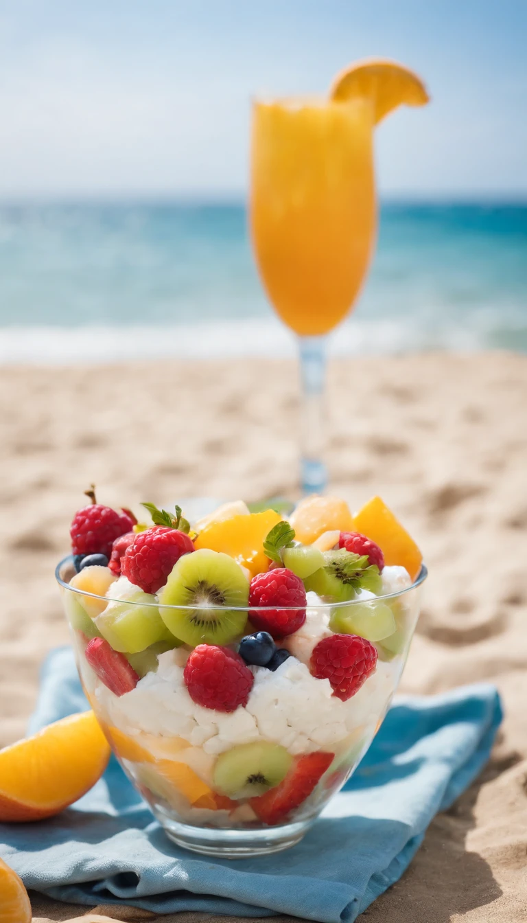 salada de frutas no copo transpirando de gelado mesa de um quiosque na praia ao fundo praia mar azul