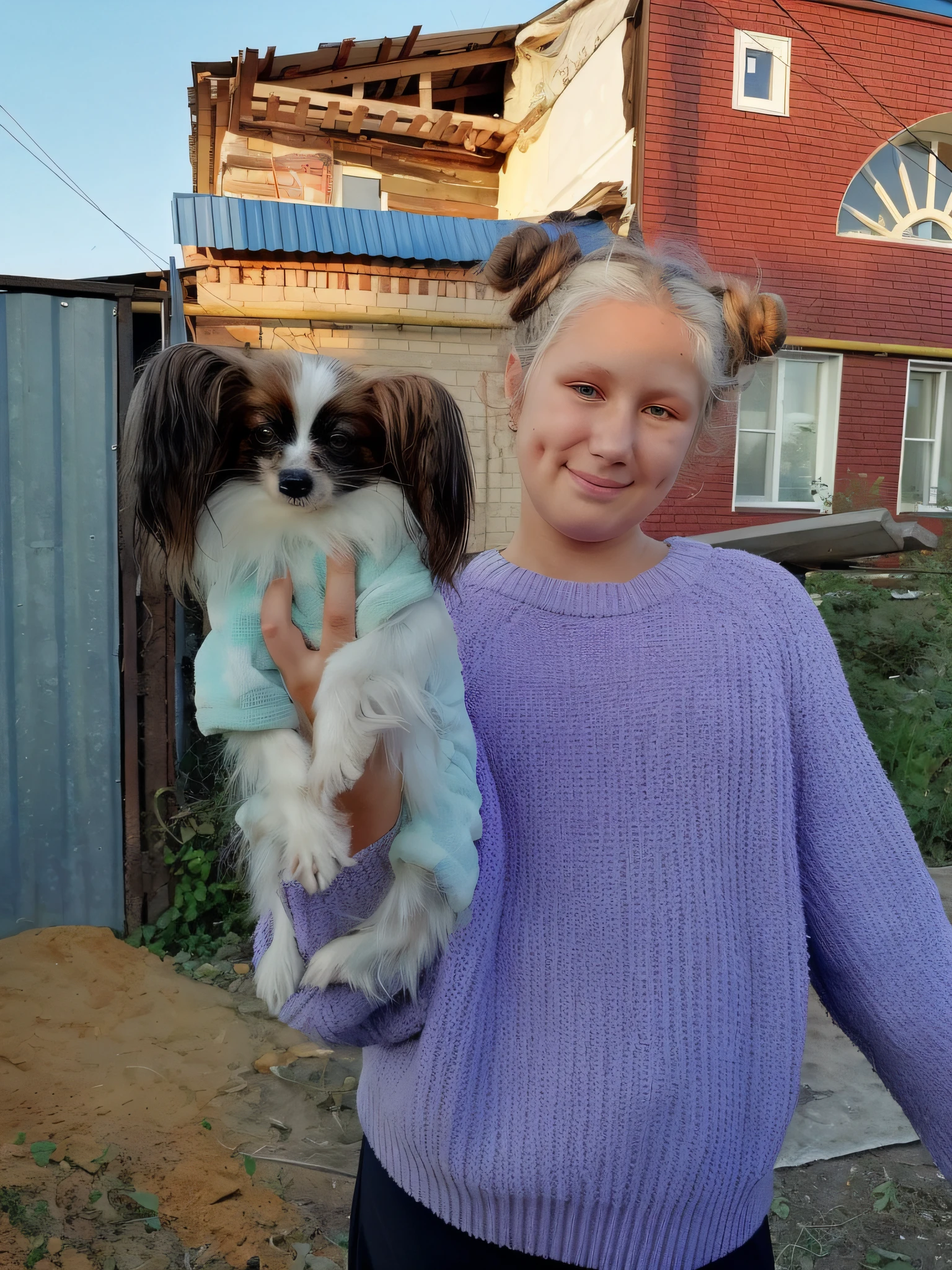 The woman, dressed in a white and blue sundress with a floral print, An echo of the strength of her determination,Golden Retriever puppy next to her, 8k wallpaper, Ultra Detailed, beautiful and aesthetic, Beautiful, Masterpiece, Best Quality,(Focus on your hips upwards),clear face,The eyes are described in detail,(the wind,loose strands of hair,Flowing skirt),
